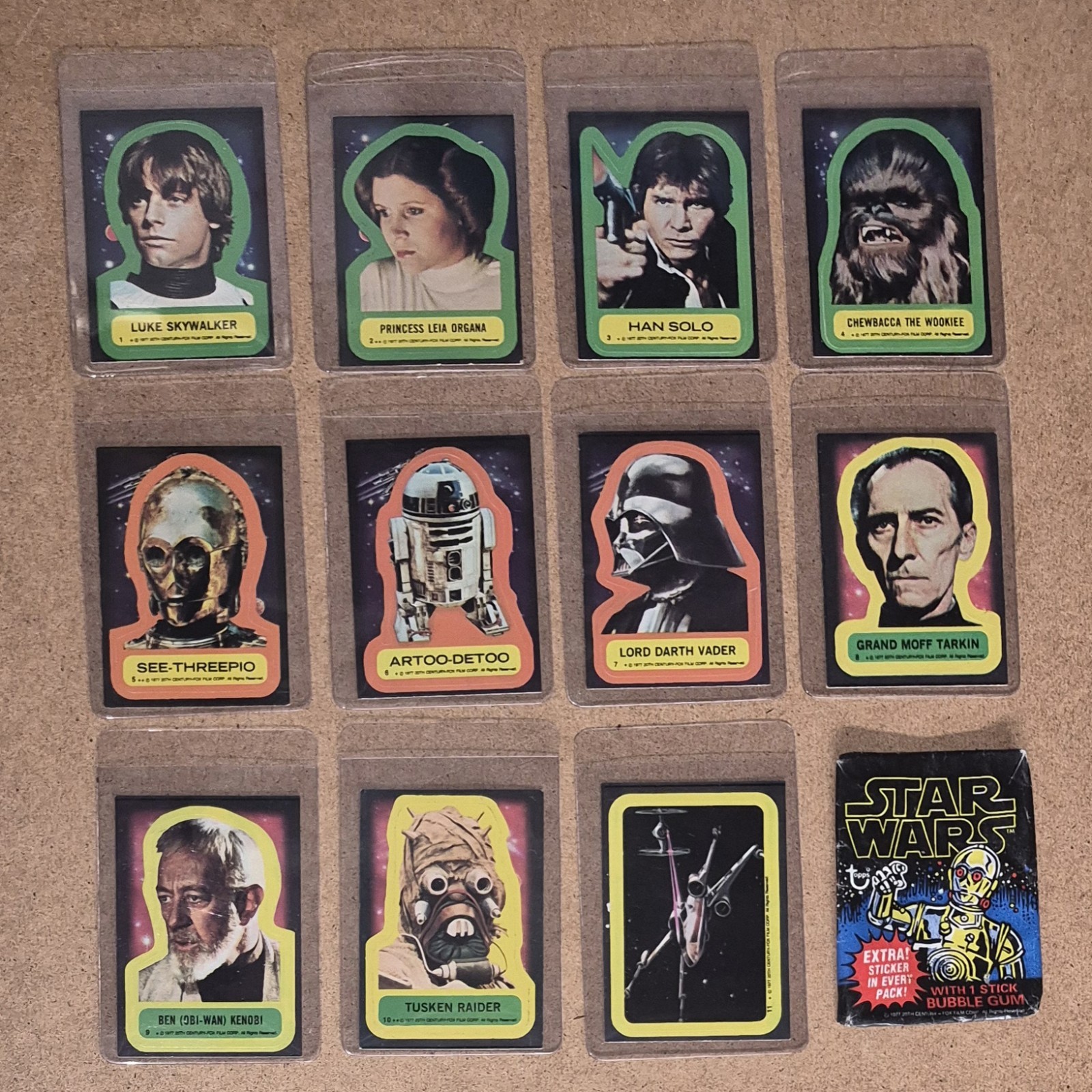 1977 Topps Star Wars Blue Series 1 Vintage Stickers Set 1-11 C3PO Empty Wrapper