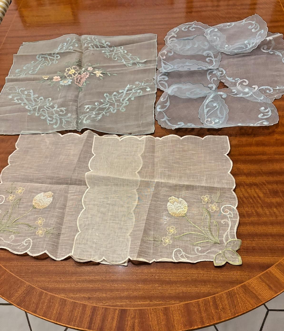 Vintage 10 small pieces Madeira Embroidered Organza various size place mats Vintage 10 small pieces Madeira Embroidered Organza various size place mats