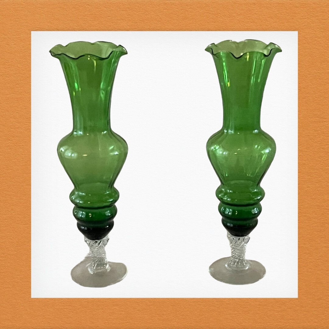 2 Vtg Elegant Green Twisted Clear Glass Pedestal Foot 8\
