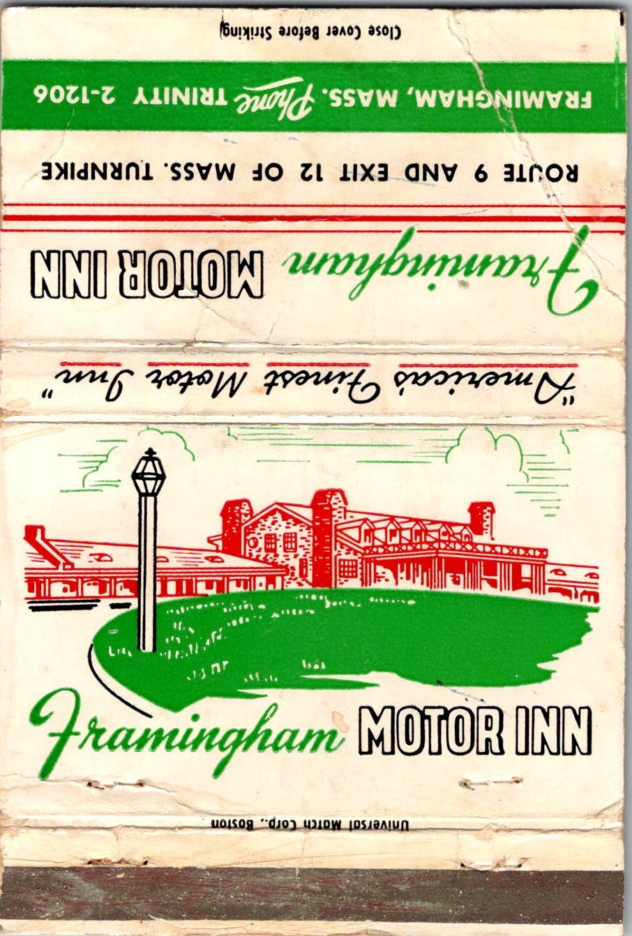 Framingham Motor Inn Route 9 Framingham MA Vintage Large Matchbook Cover TML1-1