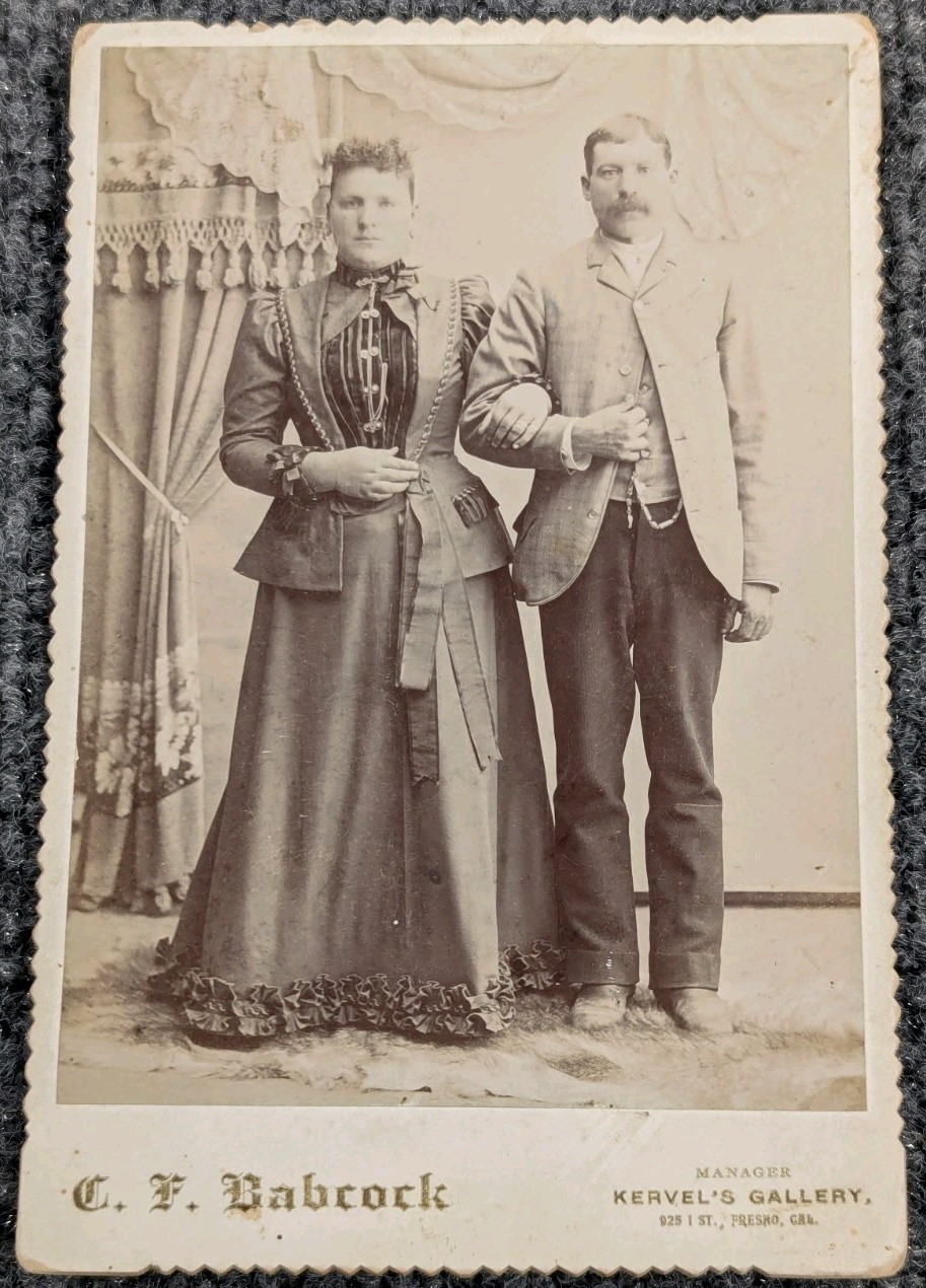 1890s Cabinet Card C. F. Babcock Fresno CA Couple Bustle Dress Art Gallery