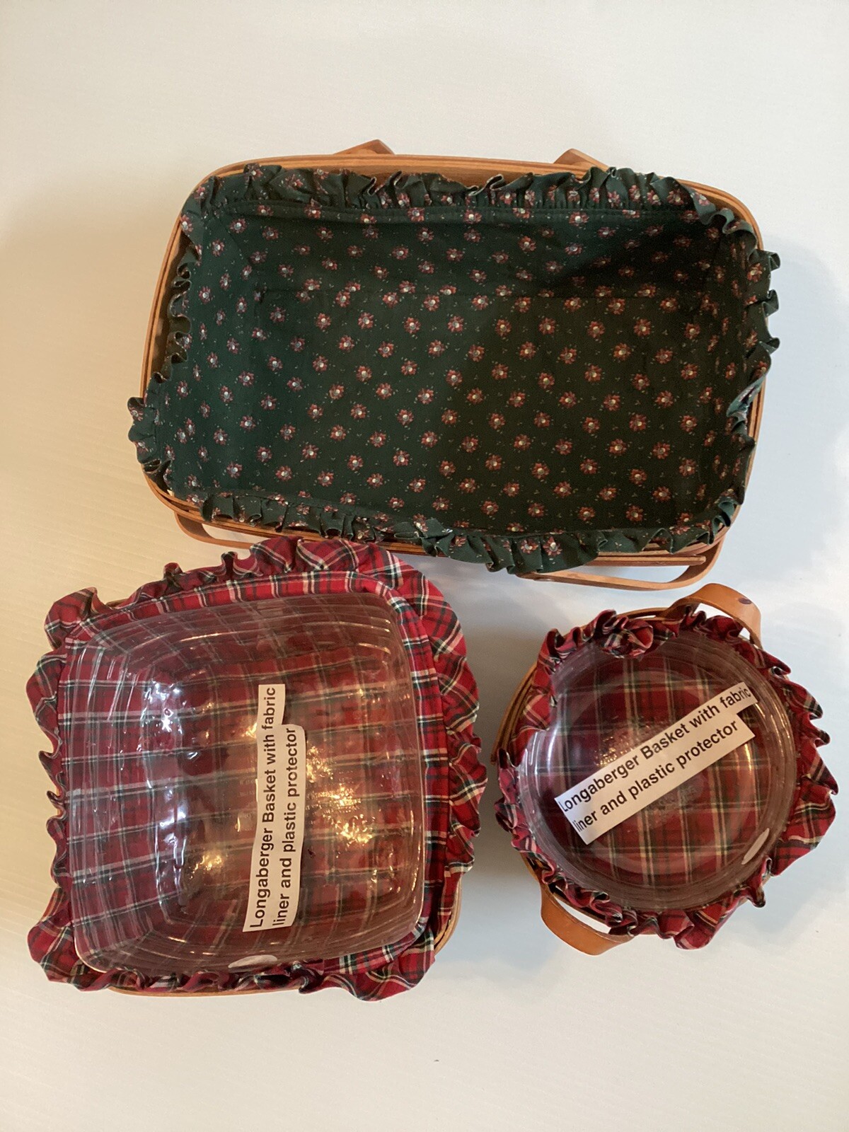 3 Vintage 1991 Longaberger Baskets Lined, Signed Protector Leather Handles 3 Vintage 1991 Longaberger Baskets Lined, Signed Protector Leather Handles