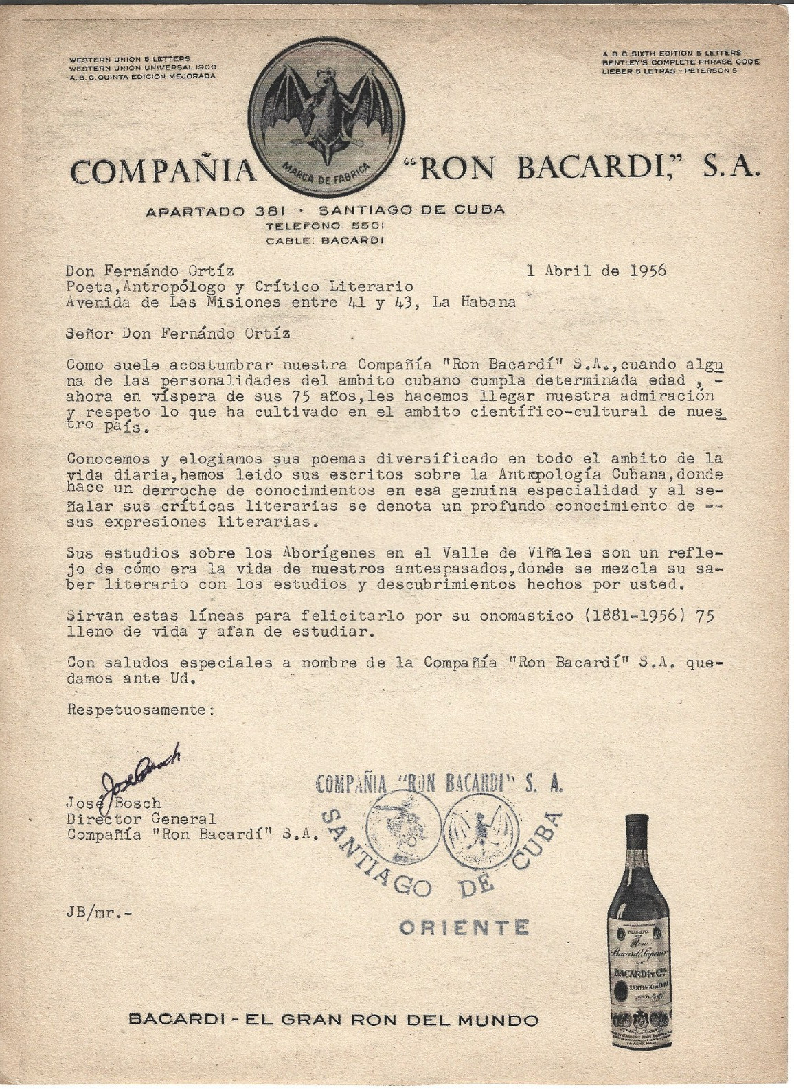 Rare Cuba 1956 Bacardi Letter Signed José Bosch to Fernando Ortiz Anthropologist