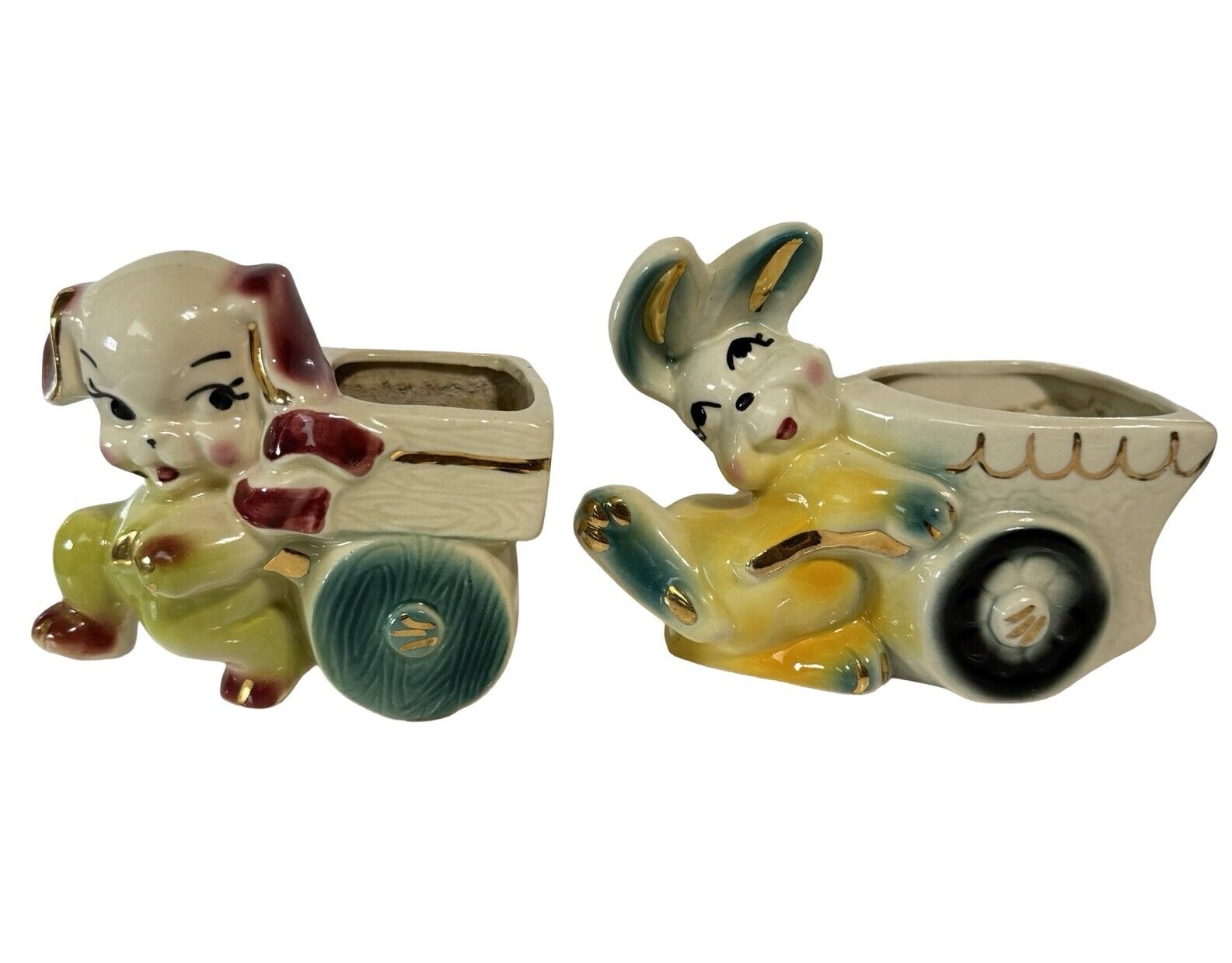 Vintage Kitschy Bunny Rabbit Pushing Cart + Puppy Dog Wheelbarrow Planter Set 2