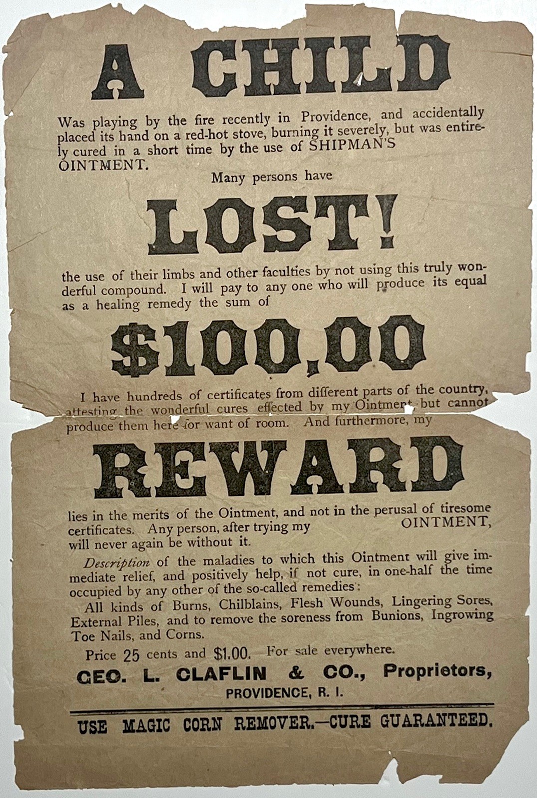 1890 CHILD LOST 100 DOLLAR REWARD SHIPMAN OINTMENT BROADSIDE PROVIDENCE RI RARE