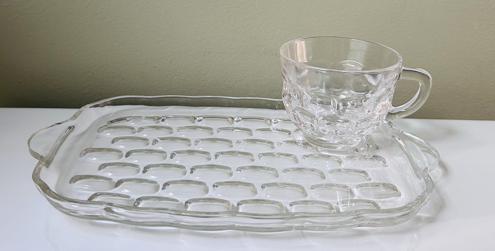 Vintage Federal Glass “Yorktown” Thumbprint Snack Set/ Luncheon Set, Set Of 4