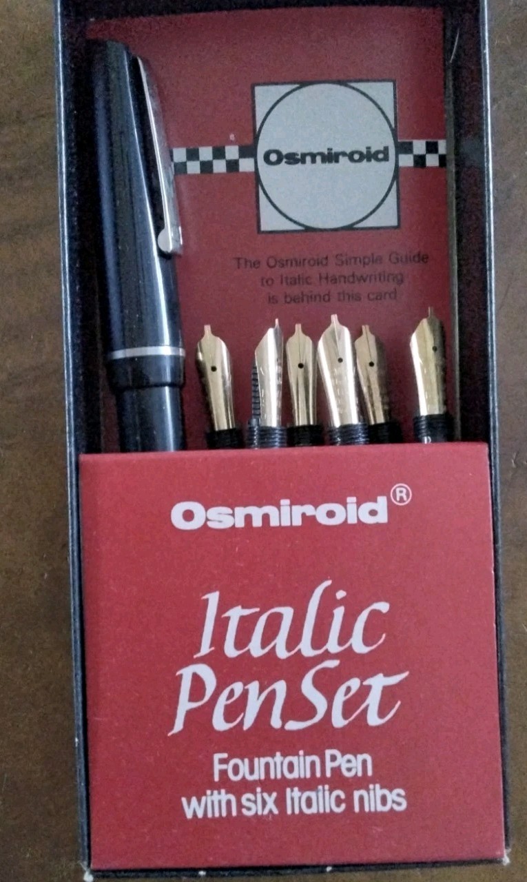 OSMIROID ITALIC PEN SET, FOUNTAIN PEN WITH 6 ITALIC NIBS, NEW IN ORIGINAL BOX