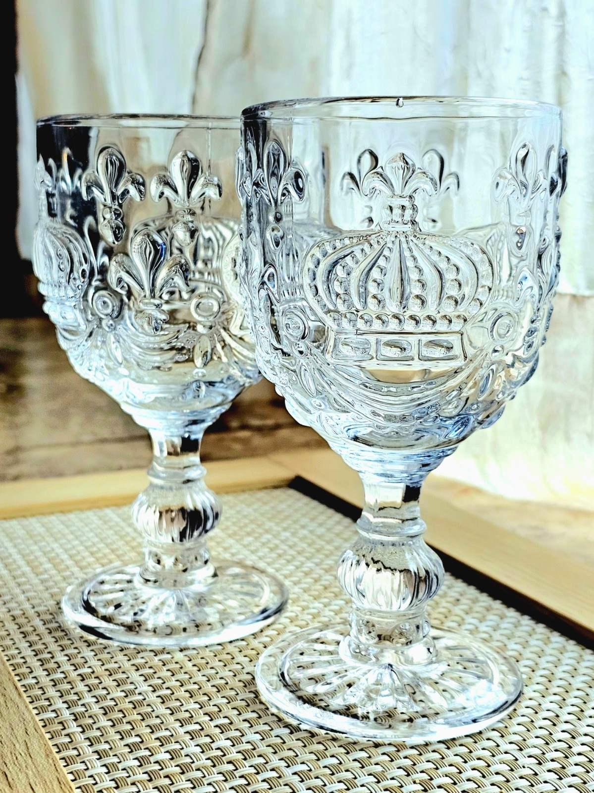 Vintage Goblets Pressed Glass Chalice Pair, Royal Crown Fleur de Lis Clear, 10oz