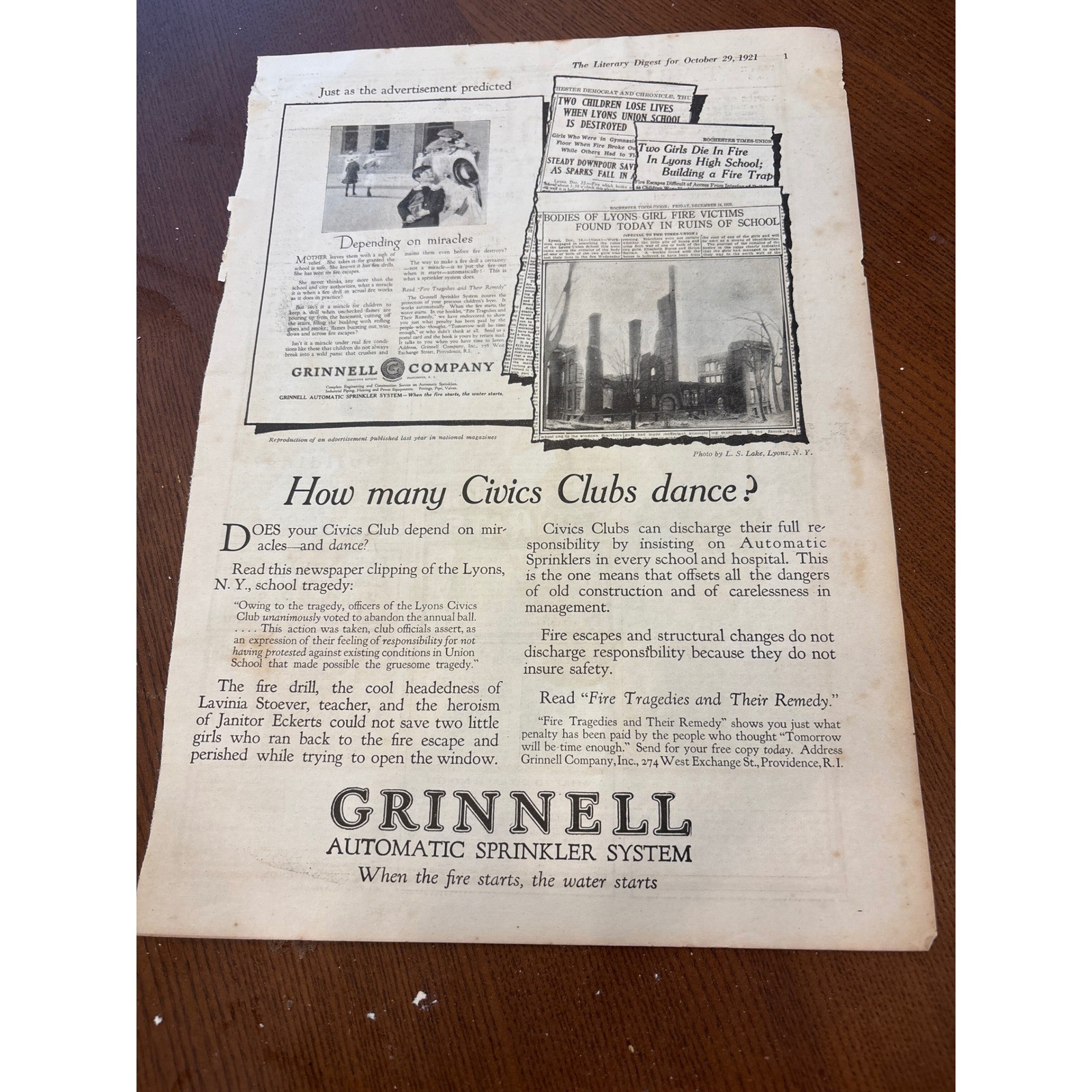 Antique 1921 Literary Digest Grinnell Fire Sprinkler Lyons School Fire Tragedy