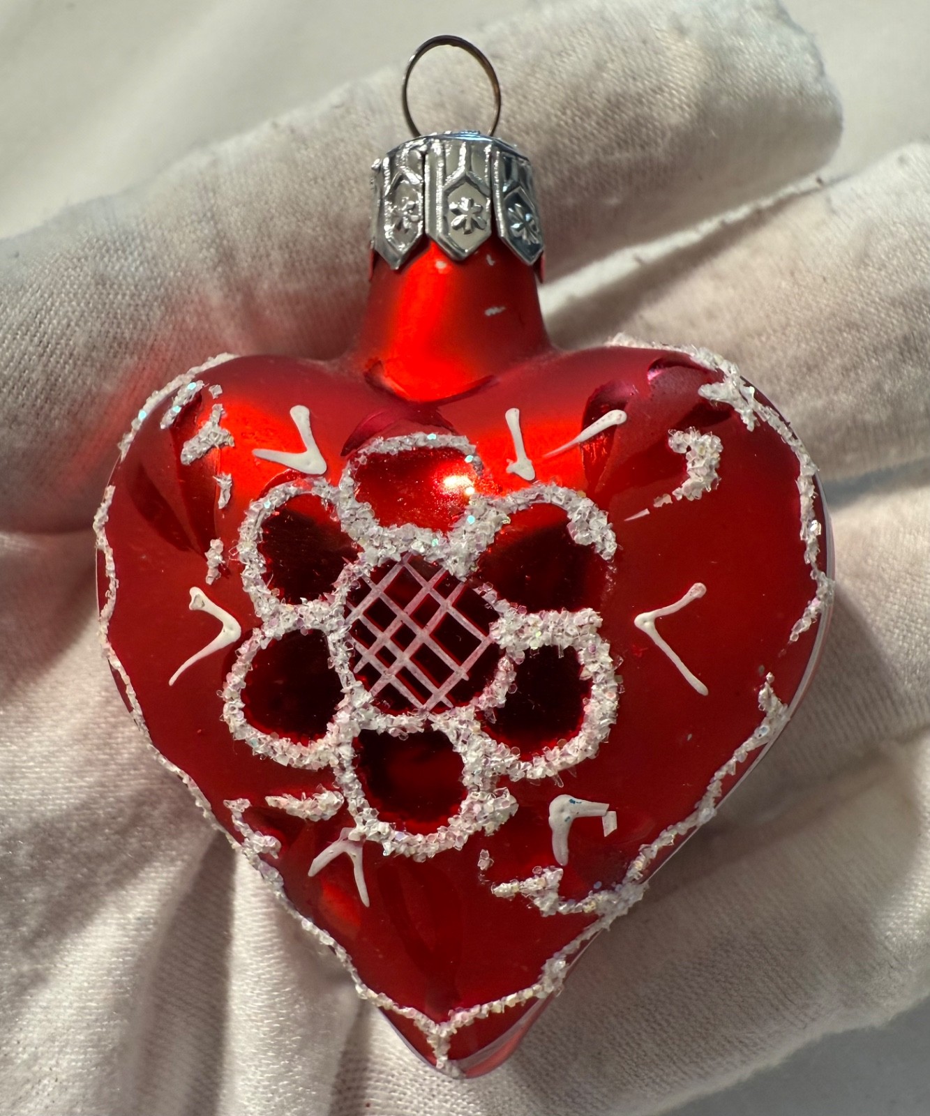 Vtg Red Heart White Glitter Flower Glass Feather Tree Christmas Ornament Poland