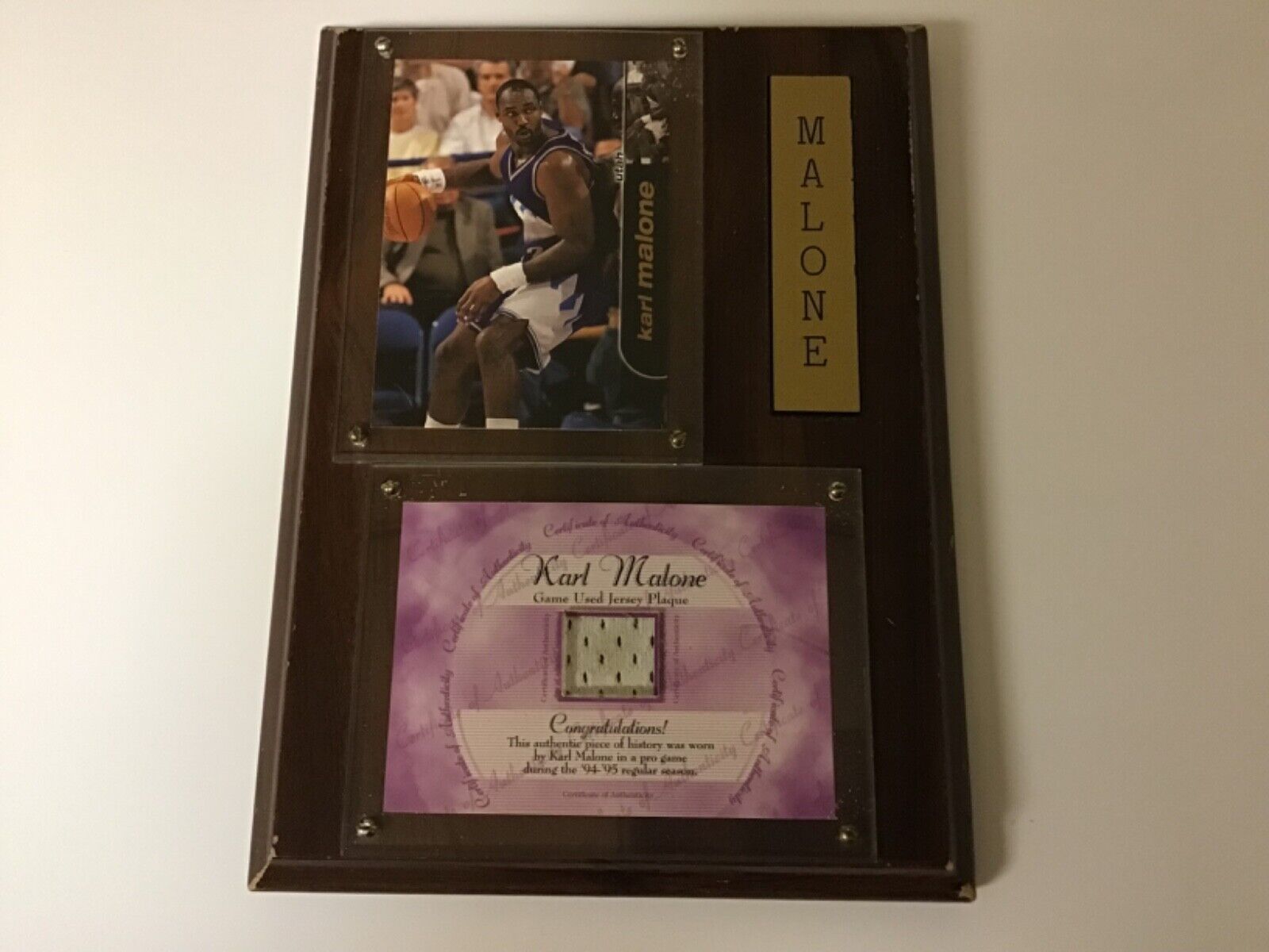 An Awesome Karl Malone Plaque With A Game Used Jersey Card