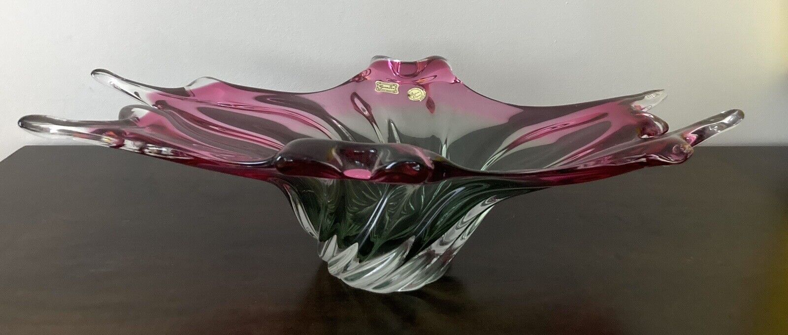 VTG Egermann Bohemian Art Glass Bowl Dish Vase Large Fuschia Green Signed 20\