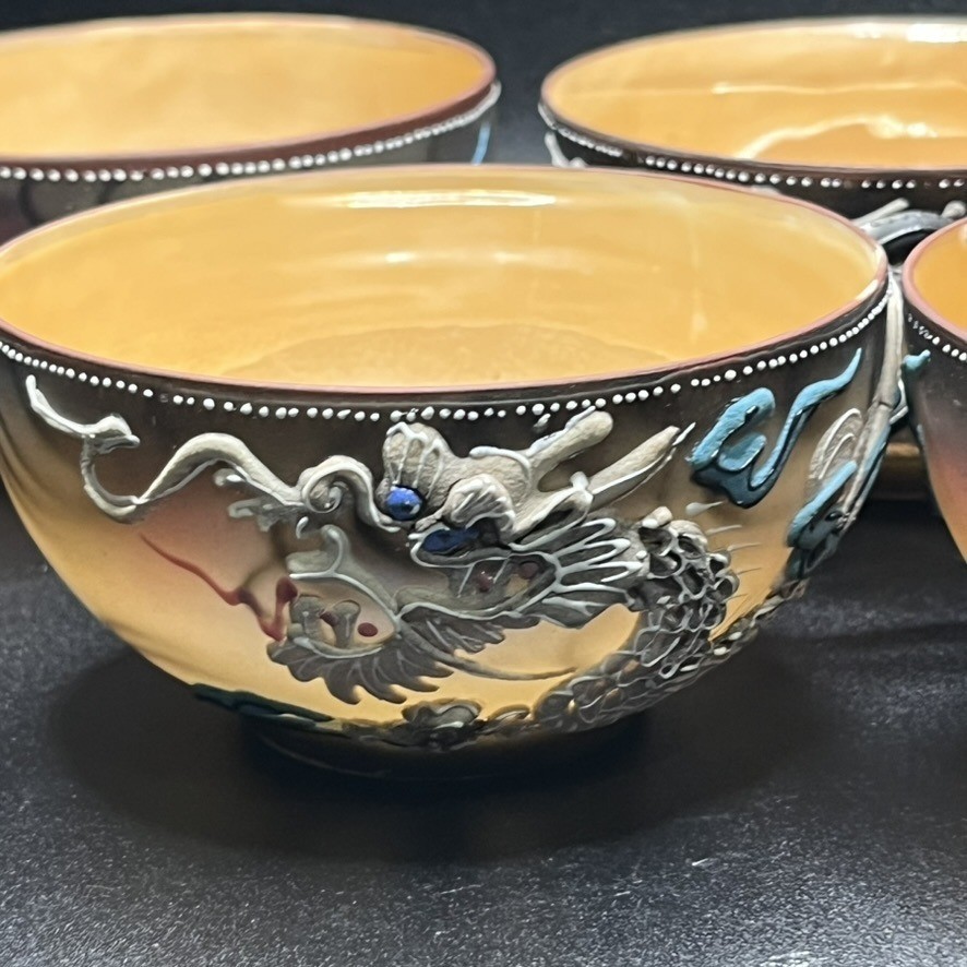 Vintage Japanese Moriage Dragonware Tea Cup Set 5 Cups Lusterware Interior