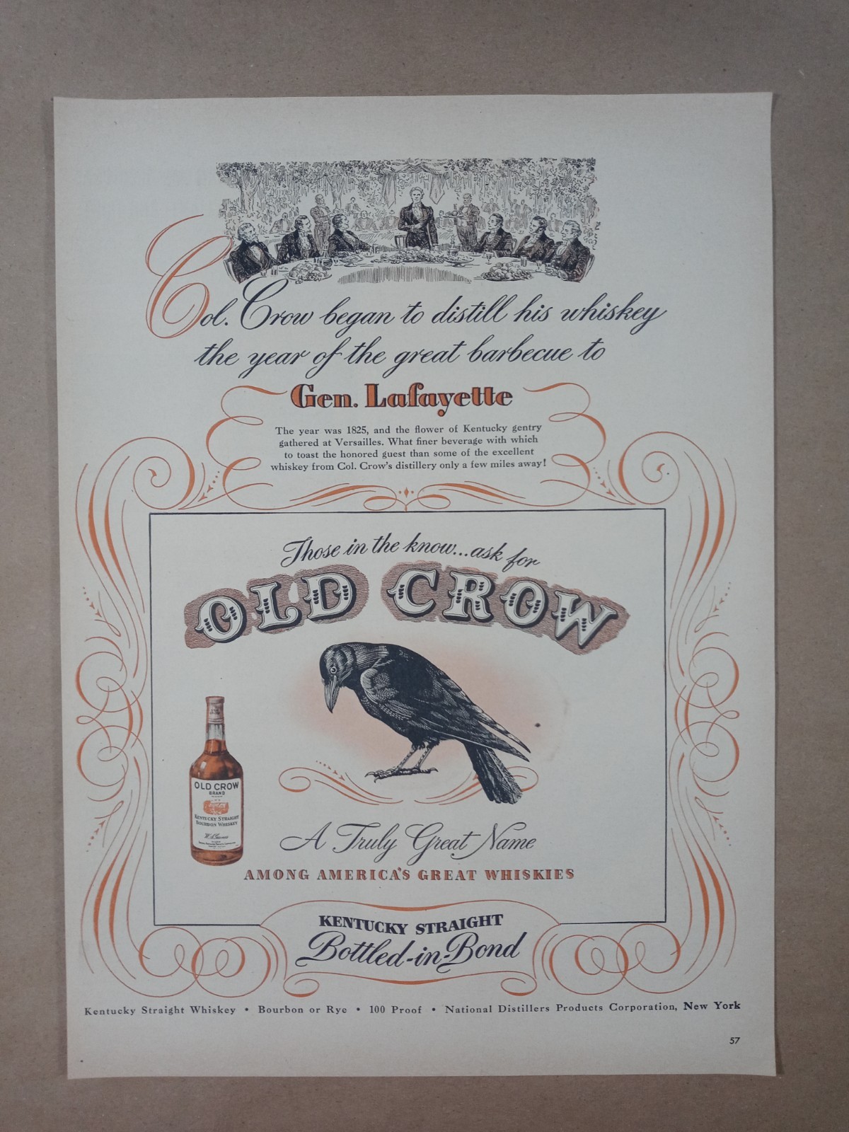1940s OLD CROW Kentucky General Lafayette USA Military Vintage Poster Print Ad 1940s OLD CROW Kentucky General Lafayette USA Military Vintage Poster Print Ad