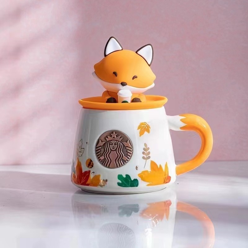 Starbucks Ceramics Mug Cup Set Autumn Forest Maple Leaf Cute Fox With Lid(11 oz)