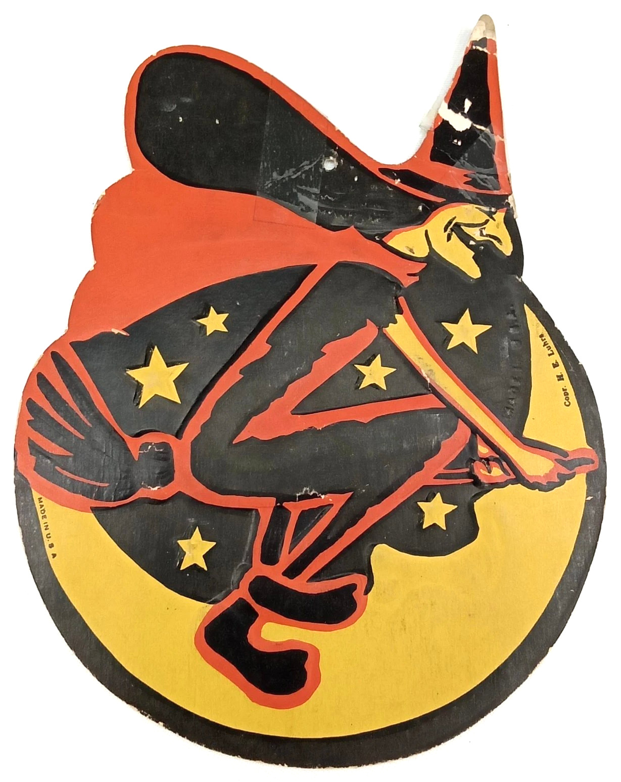 Antique 1940s H E Luhrs Beistle Flying Witch Die-Cut Halloween Decoration