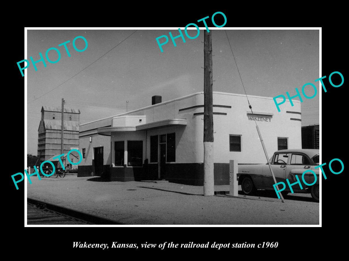 OLD LARGE HISTORIC PHOTO OF WAKEENEY KANSAS VIEW OF THE RAILROAD DEPOT c1960