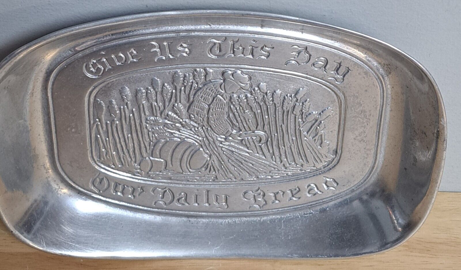 VINTAGE CC CANTRELL PEWTER/ALUMINIUM TRAY GIVE US THIS DAY OUR DAILY BREAD