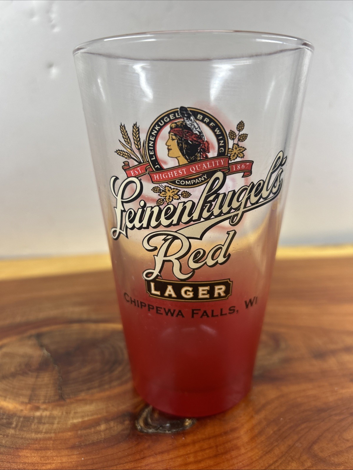 LEINENKUGELS MUSKIE RED Lager Beer GLASS, I Got Caught Red CHIPPEWA FALLS WI LEINENKUGELS MUSKIE RED Lager Beer GLASS, I Got Caught Red CHIPPEWA FALLS WI