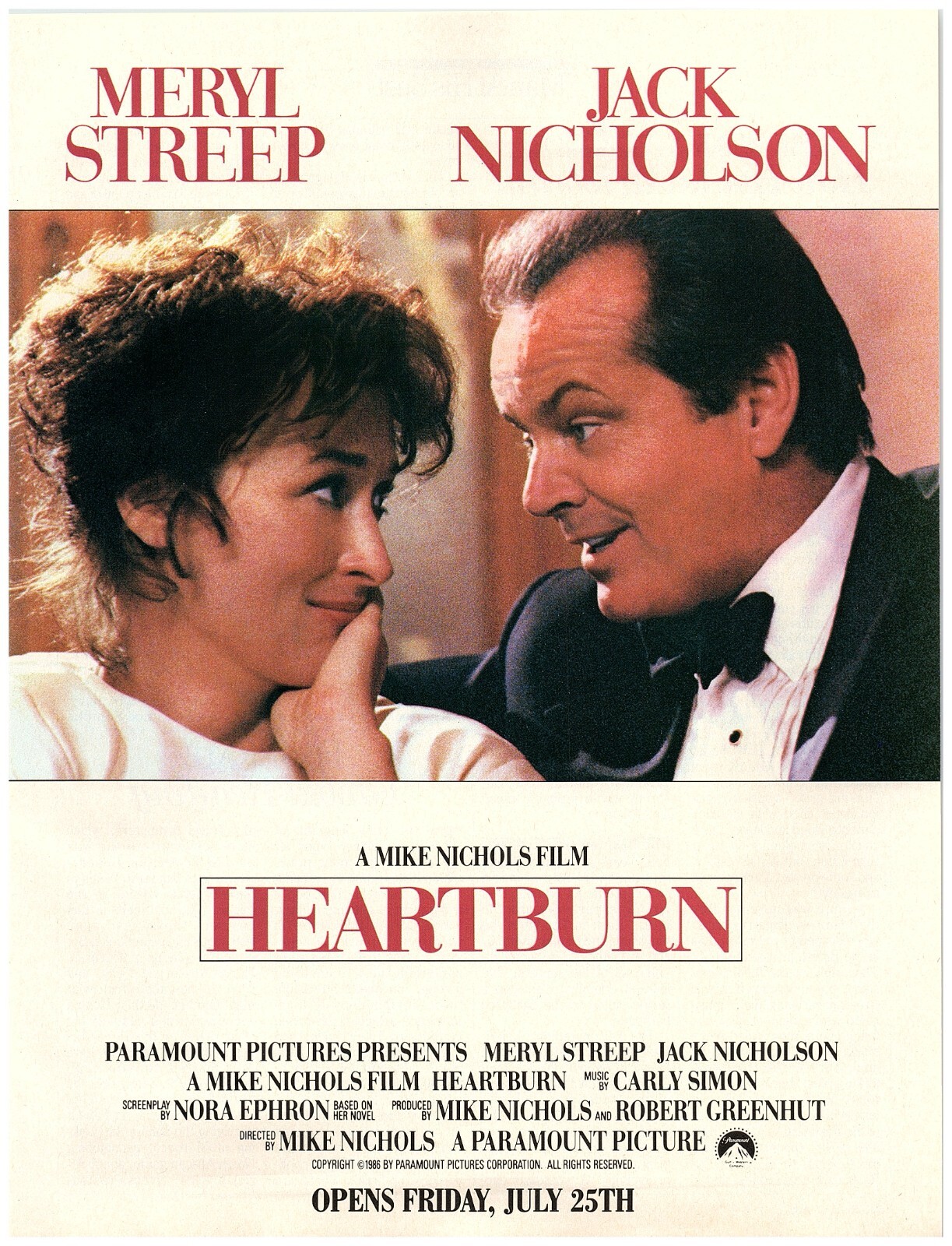 PRINT AD 1986 Heartburn Movie Poster Style Meryl Streep Jack Nicholson Tux Ad
