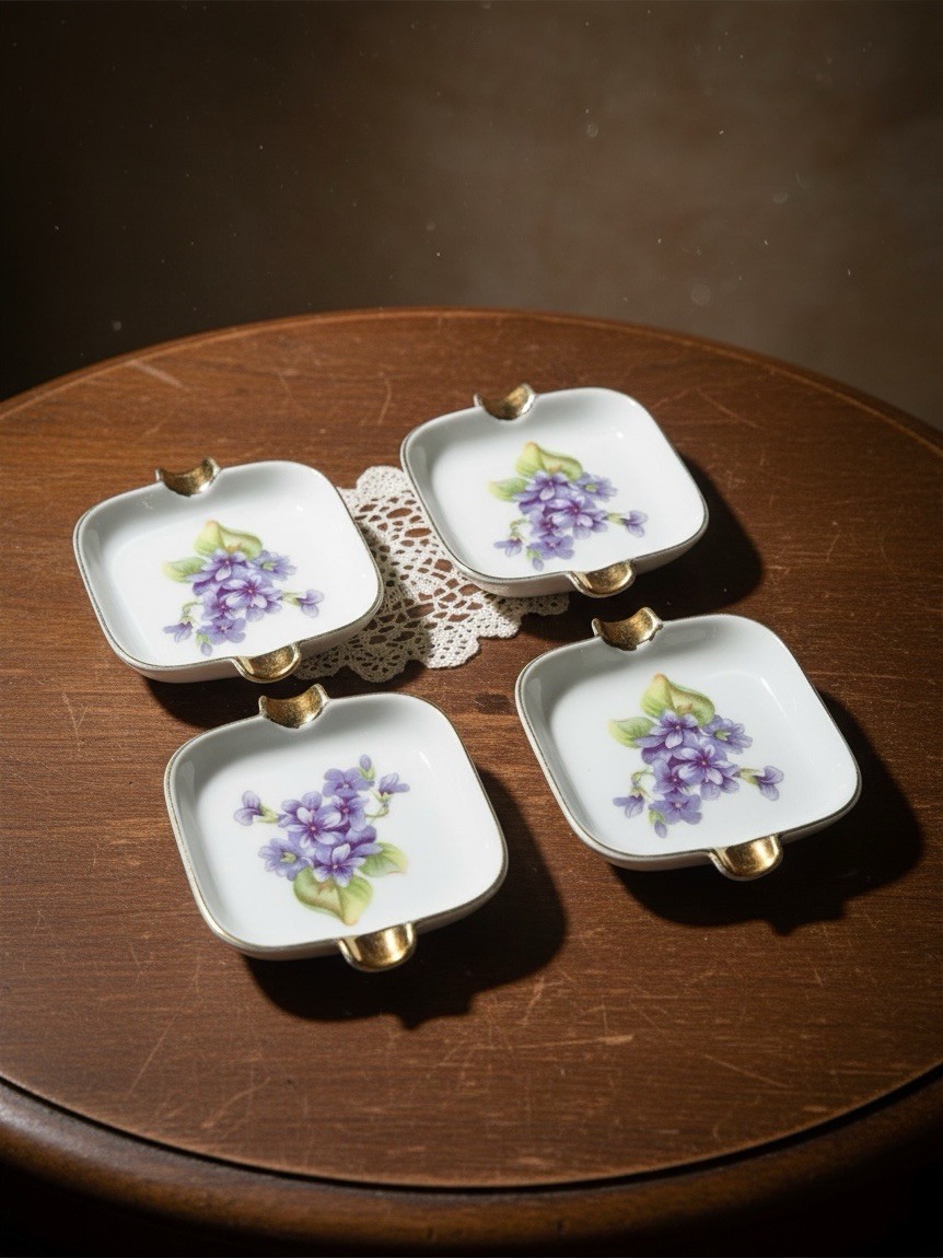 Set of 4 Vintage NICO China Japan Violet Floral Porcelain Ashtrays Gold Trim