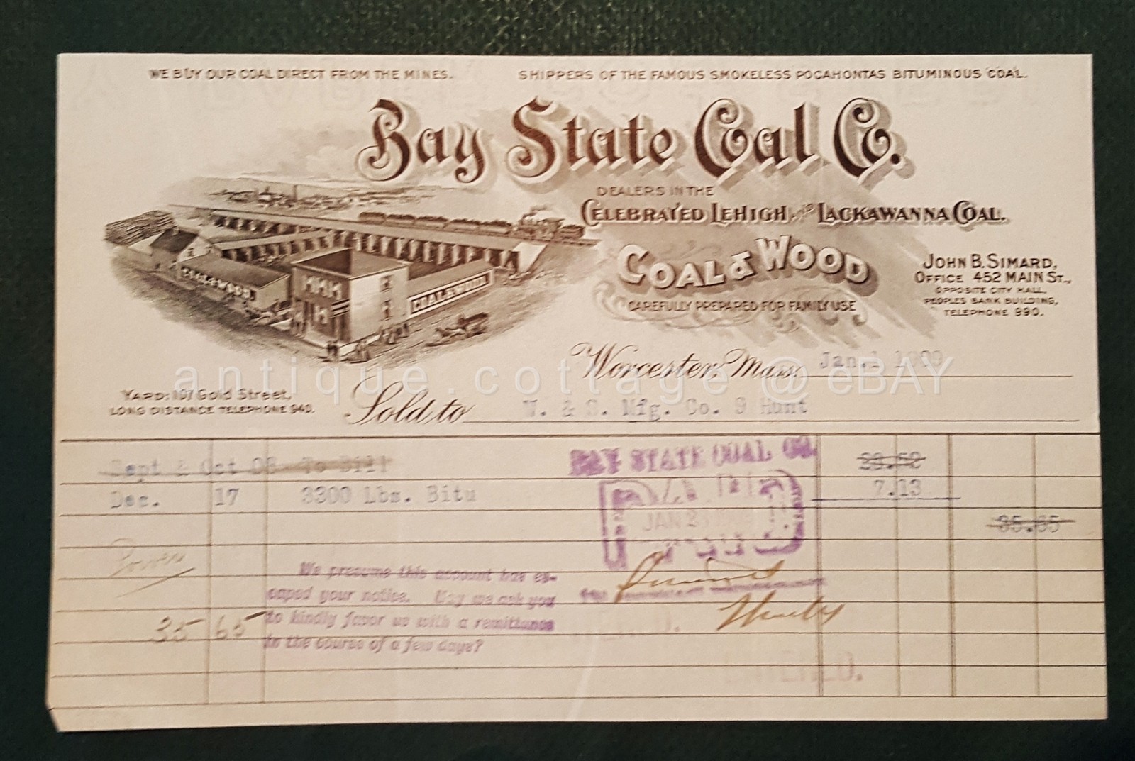 1909 antique BAY STATE COAL CO RECEIPT worcester ma lehigh lackawanna SIMARD
