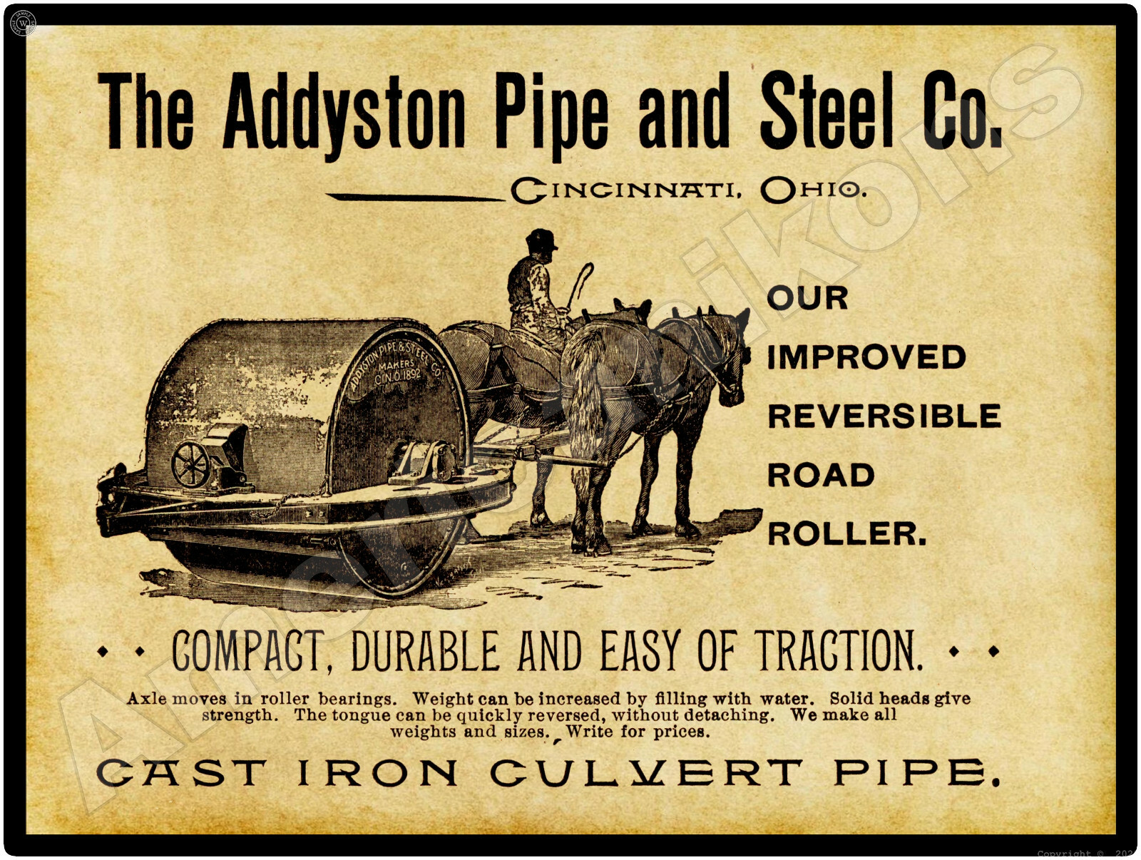 1894 Addyston Pipe & Steel New Metal Sign: Horse Drawn Road Roller, Cincinnati