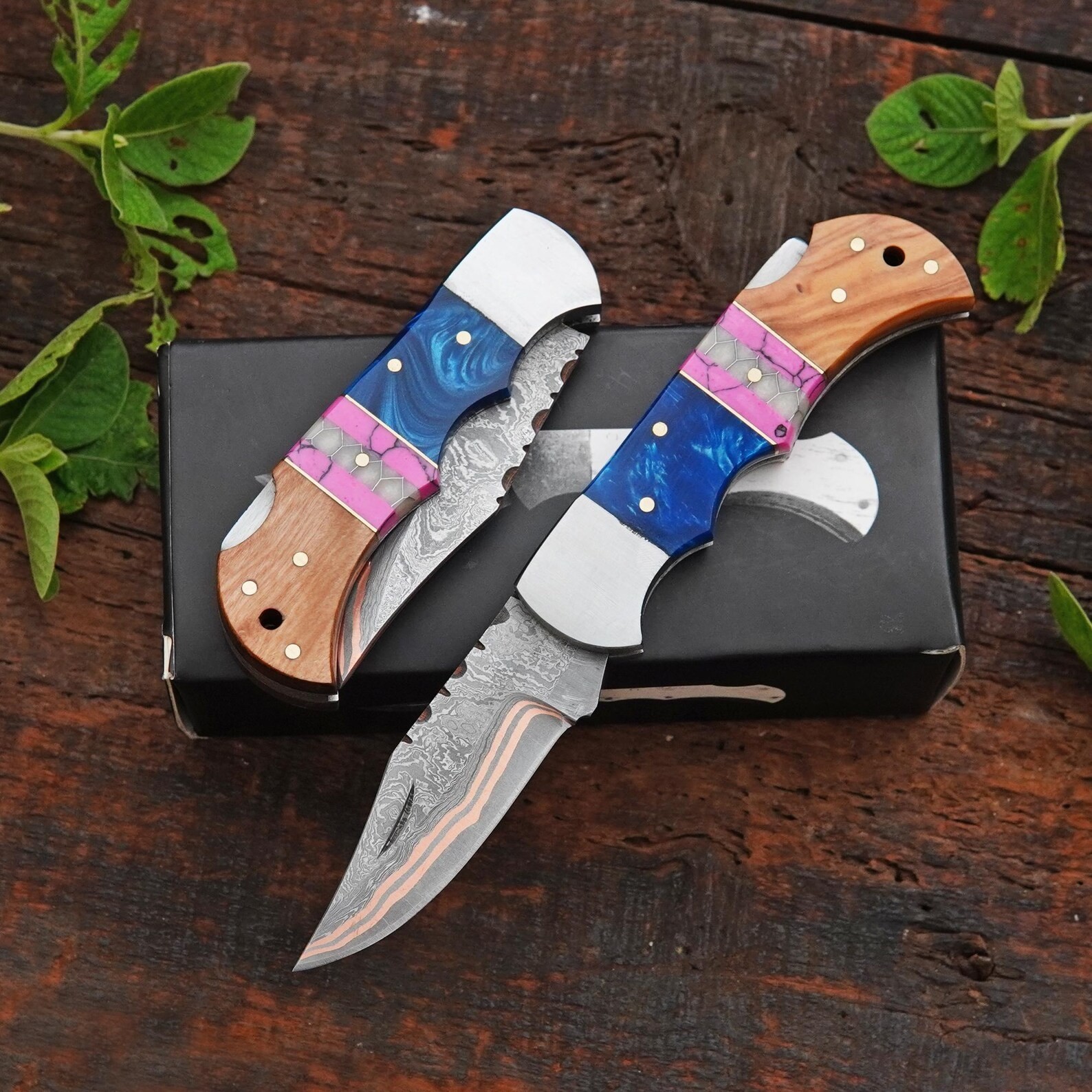 Handmade Copper Damascus Steel Pocket Knife Custom Engraved Folding Knife Sheath