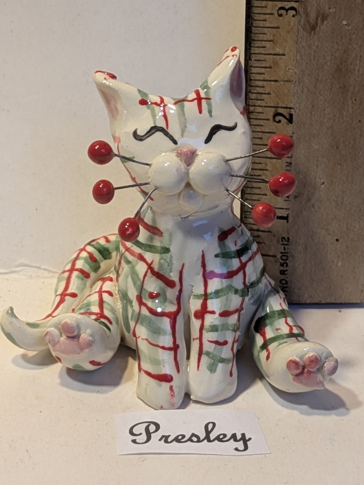 Pretty Plaid Pussycat Presley. Handmade  WhimsiClay Amy Lacombe Original