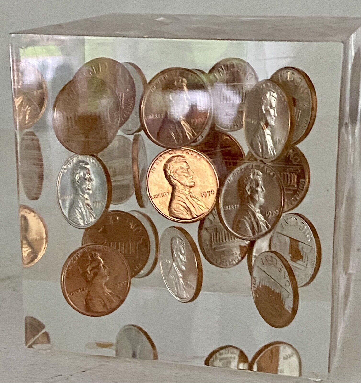 Acrylic Lucite Paperweight Filled With 1976 Floating Pennies, Made In Canada