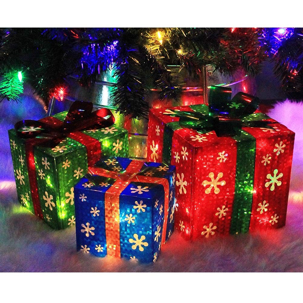 SET OF 3 LIGHTED GIFT BOXES CHRISTMAS DECORATIONS RED GREEN AND BLUE PRESENT BOX