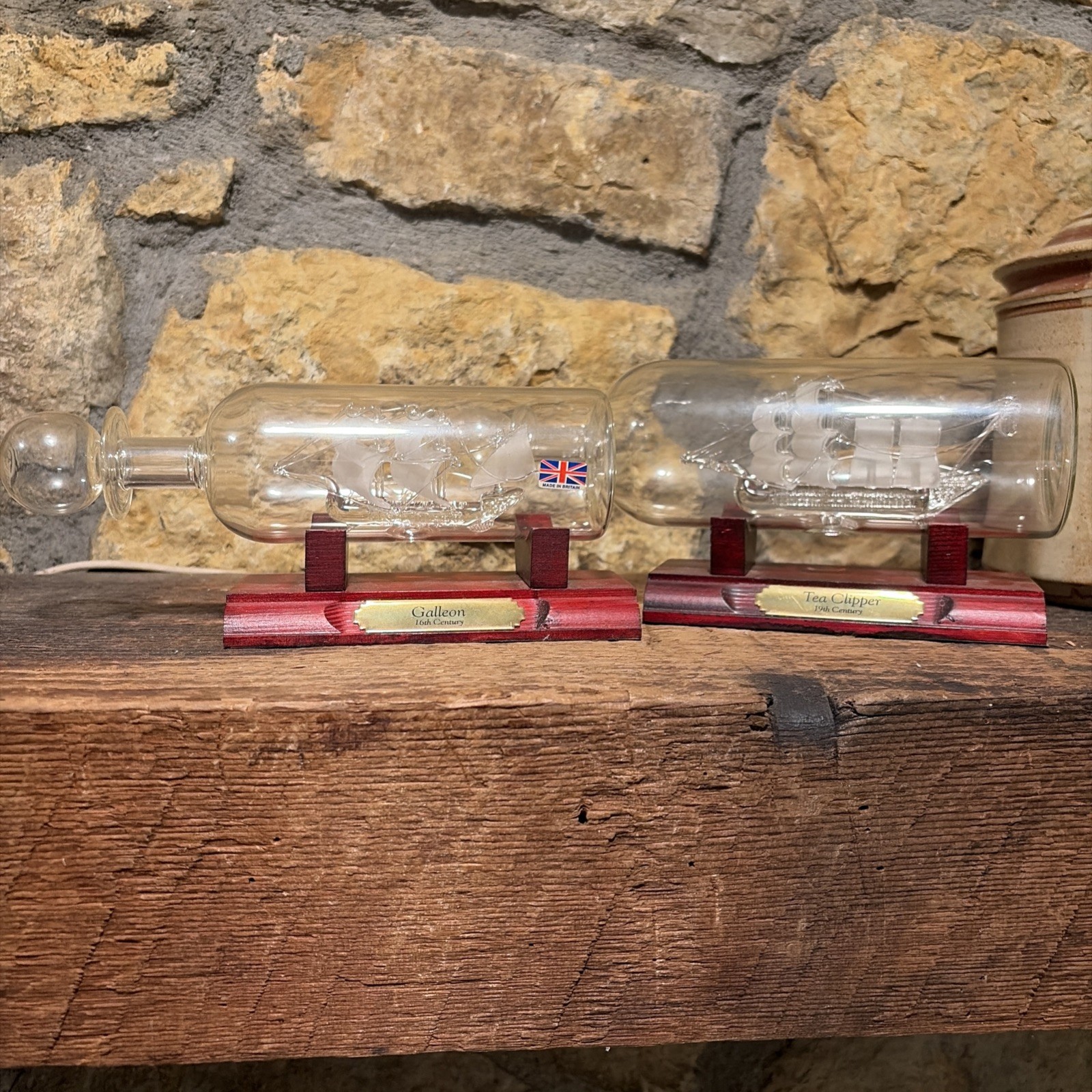 2 Ships in Bottle Galleon & Tea Clipper Handmade Blown Glass Rare Vintage Decor