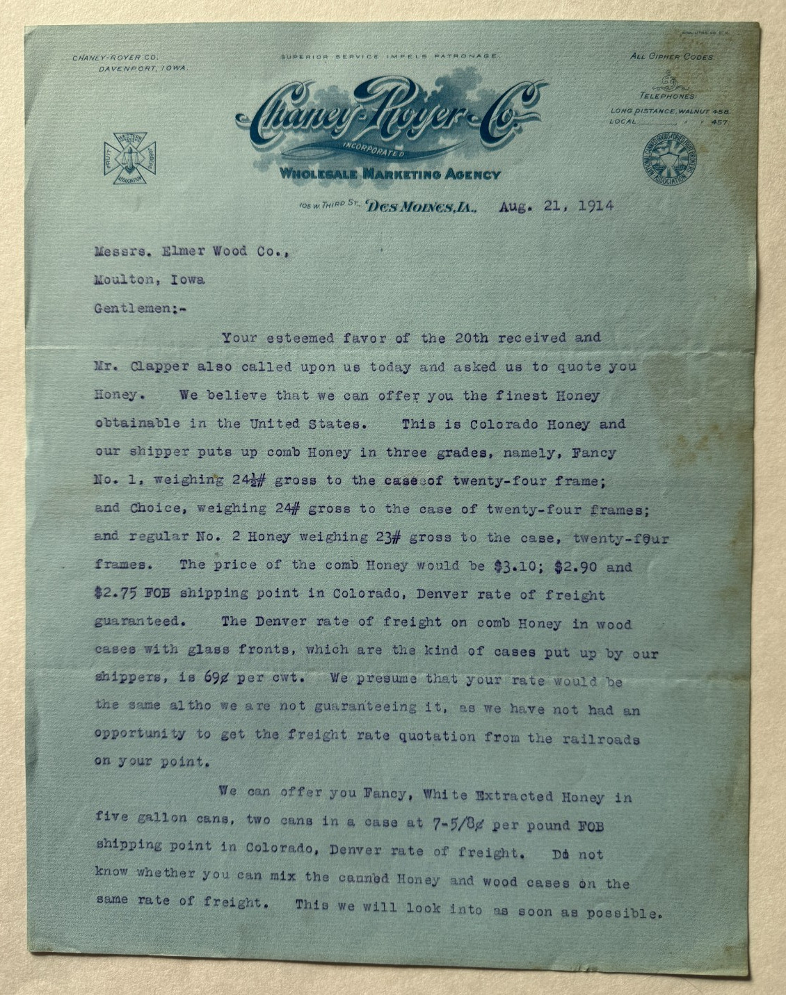 Vintage 1914 Letterhead Des Moines Iowa Chaney Royer Company Marketing Agency