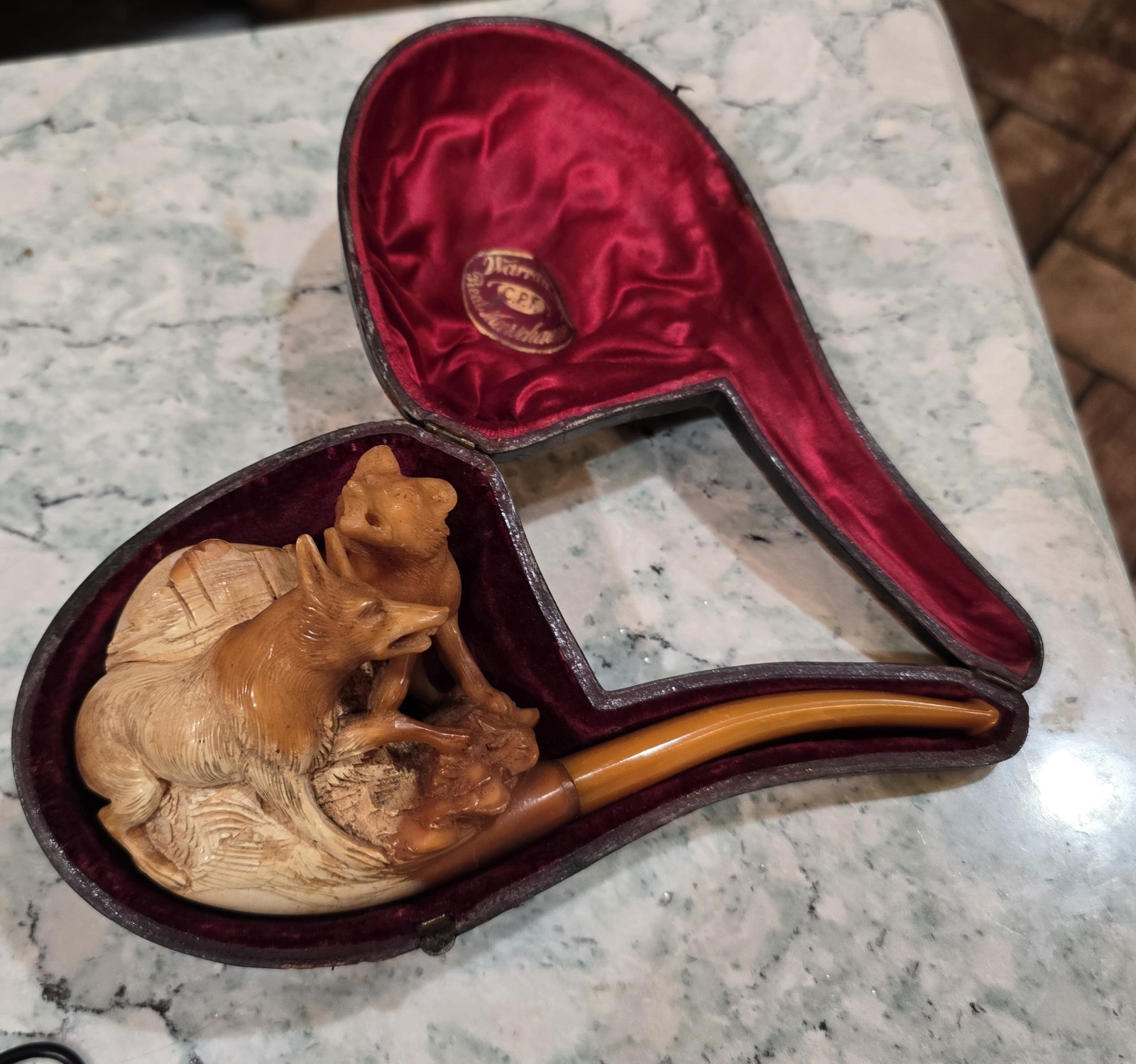 Antique CPF Meerschaum Pipe 2 Wolves & Real Amber Stem (Flat Rare) in Case 7.25