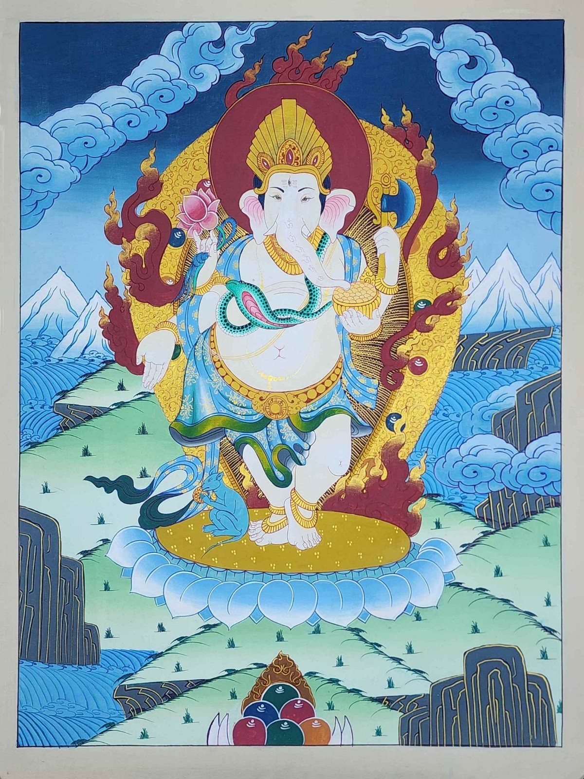 Hand Painted Ganesha Thangka Tibetan Hindu Wall Art Ganesh God Canvas Painting
