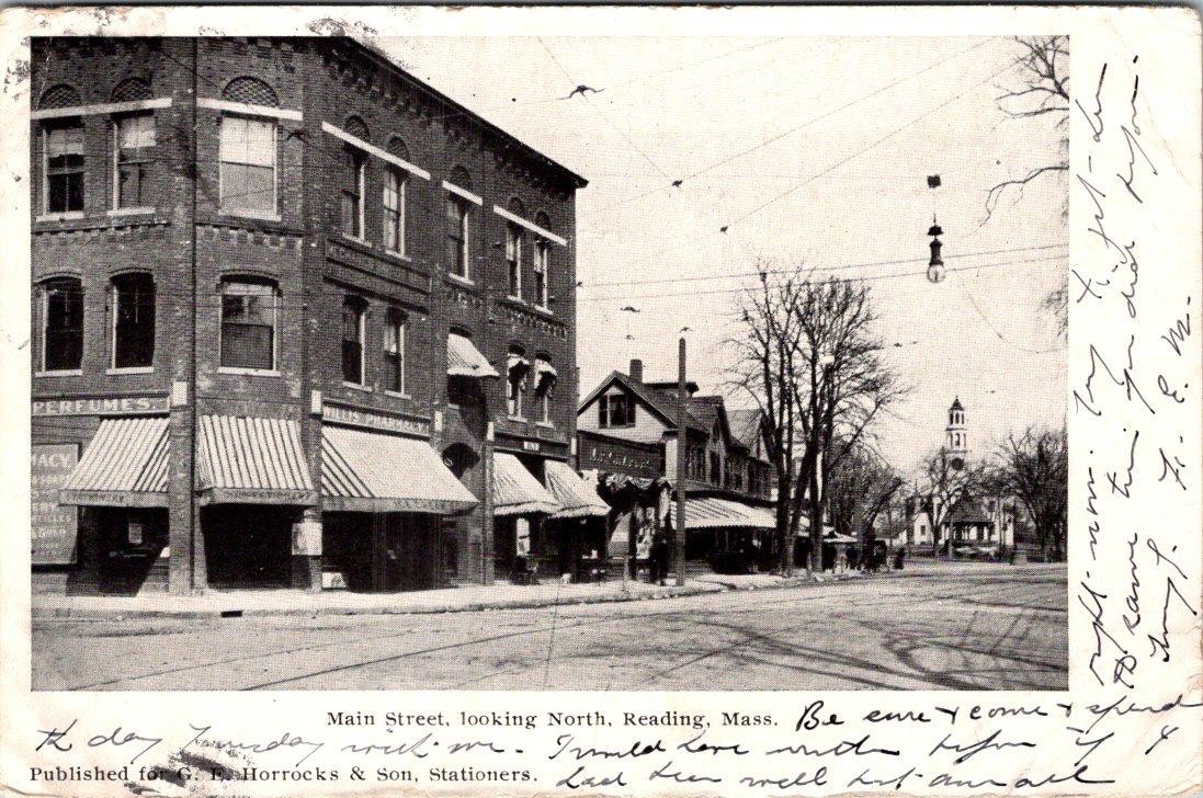 1906 MAIN STREET looking NORTH READING MASSACHUSETTS WILLIS PHARMACY POSTCARD