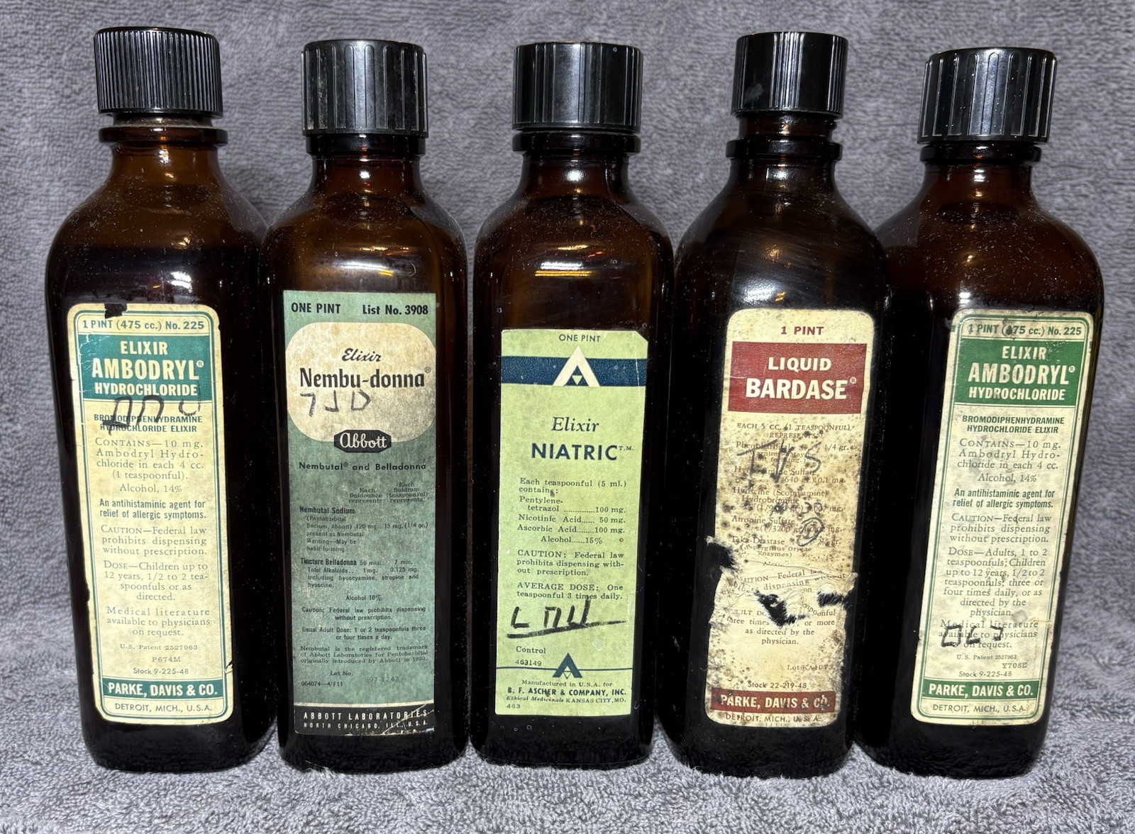 Vintage Amber Pharmacy Bottle Lot of 5 1 Pint Abbott Parke Davis Ascher Labels