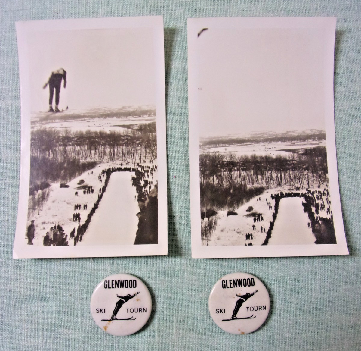 Vintage Glenwood MN 2 Ski Hill Photographs & Ski Tournament Pin Back Buttons
