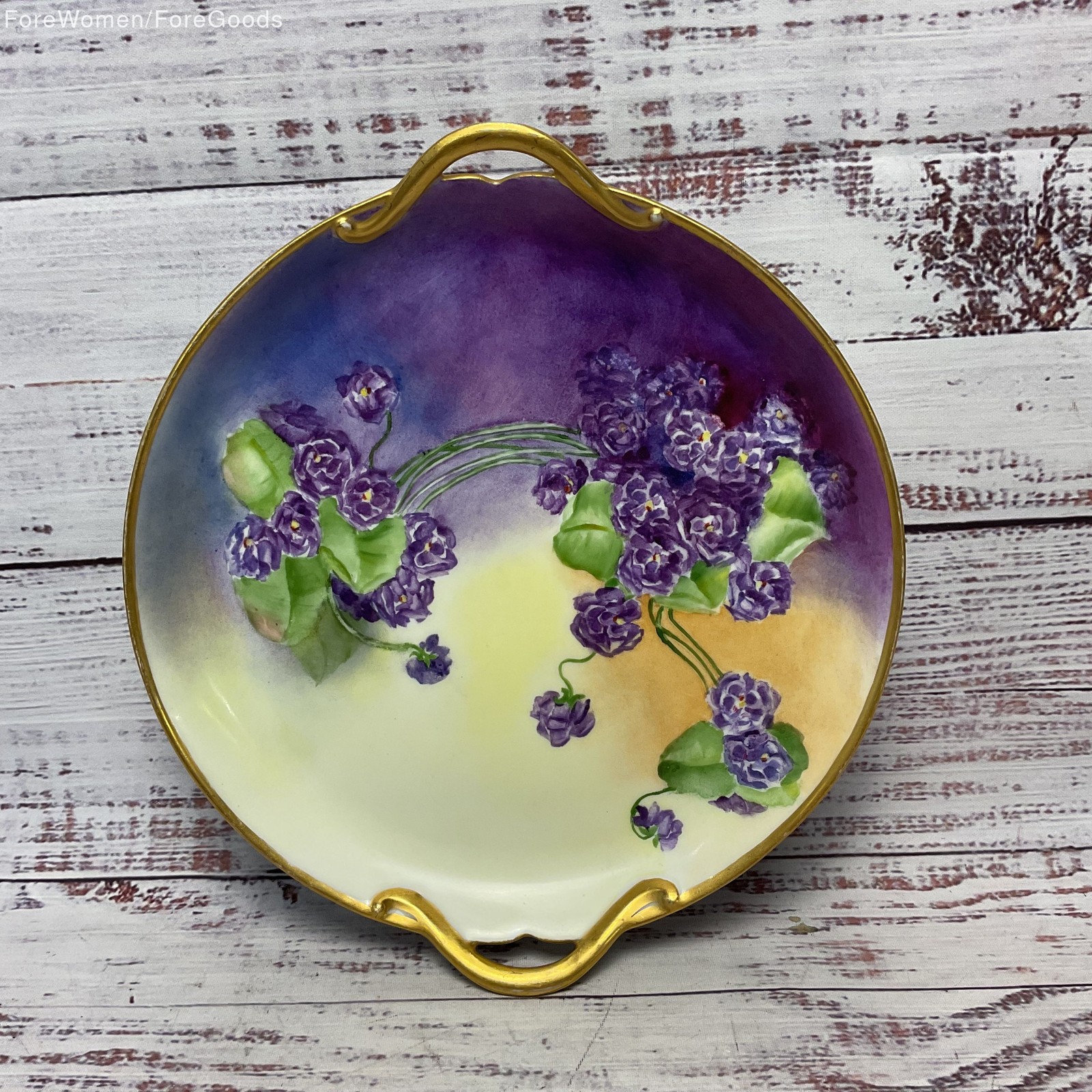 GDA Limoges France Porcelain Purple Hand Painted Flowers Gilded Handled Plate