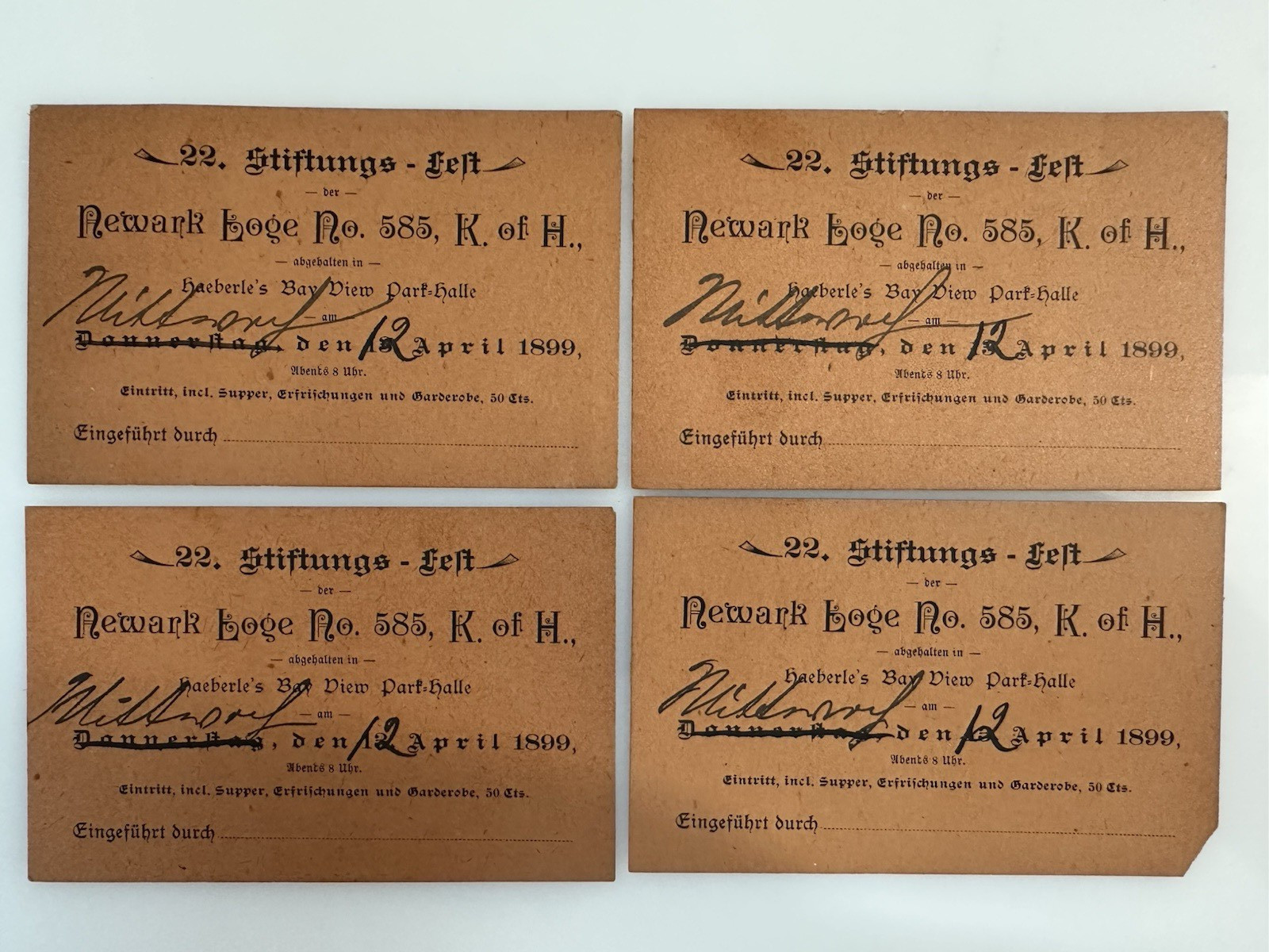 1899 Knights of Honor of NJ Newark German Masonic Event Tickets A2L