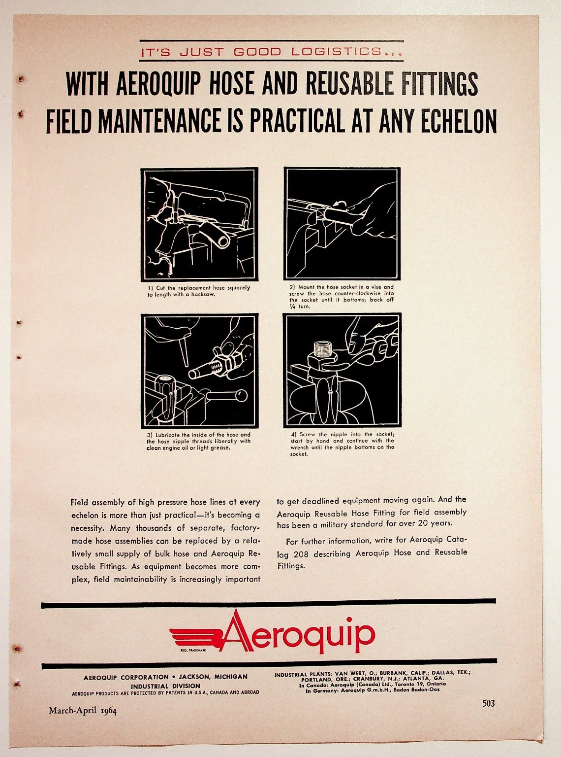 Aeroquip Vintage Magazine Ad Hose Fittings Reusable Full Page Print 1964
