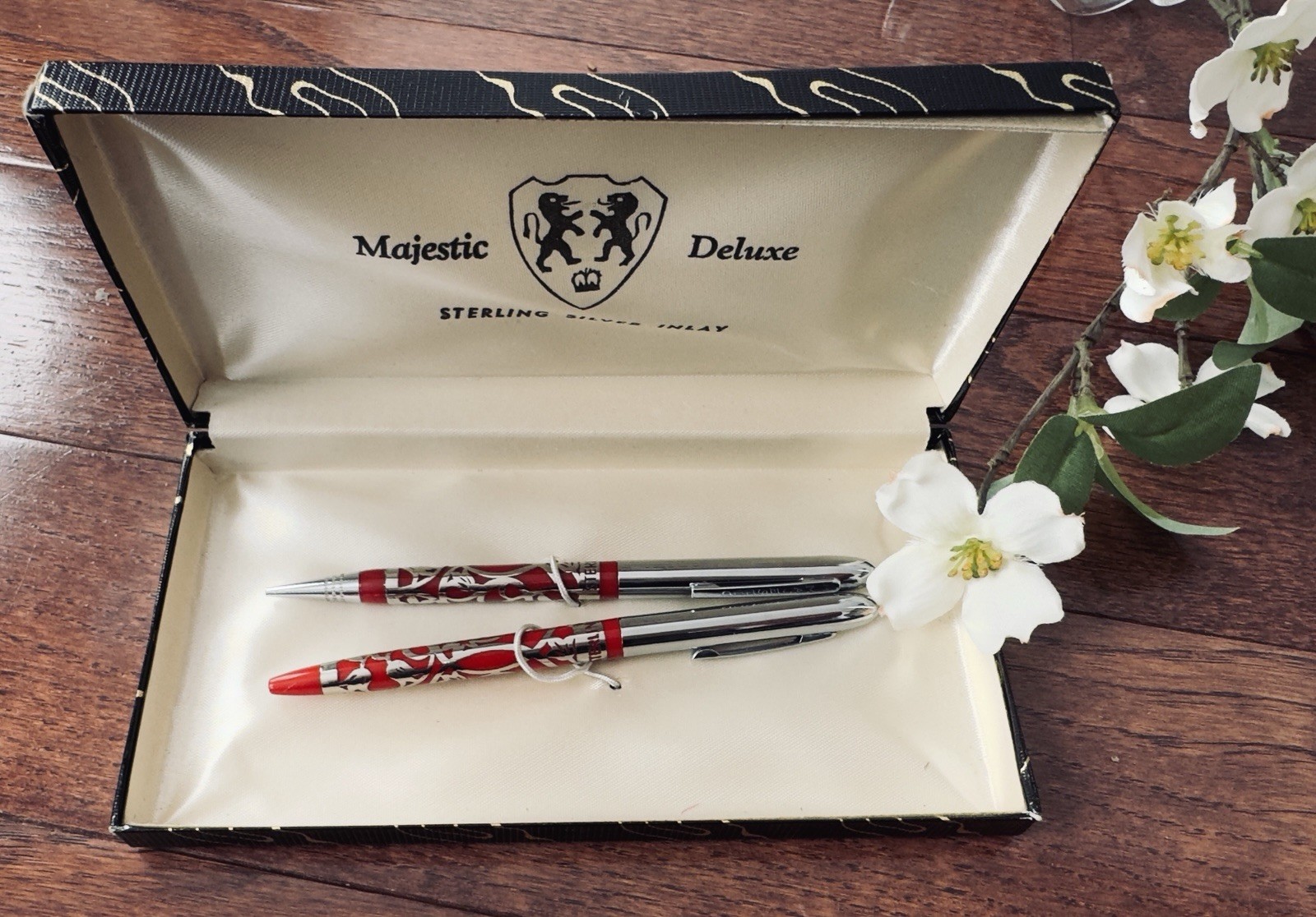 Sterling Silver Inlay Mechanical Pencils Florentine Holywood RED Set ~ Vintage