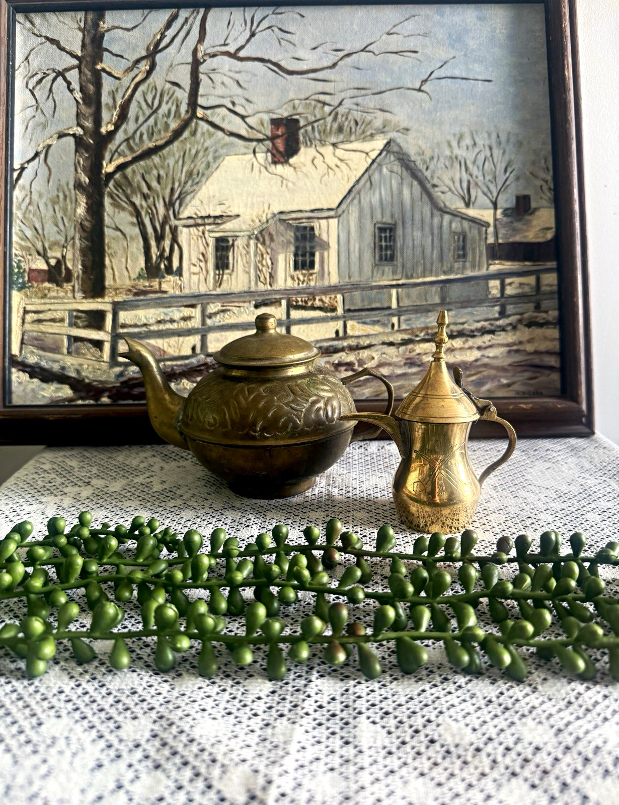 Vintage Etched Brass Miniature Teapot and Indian Brass Dallah Coffee Pot