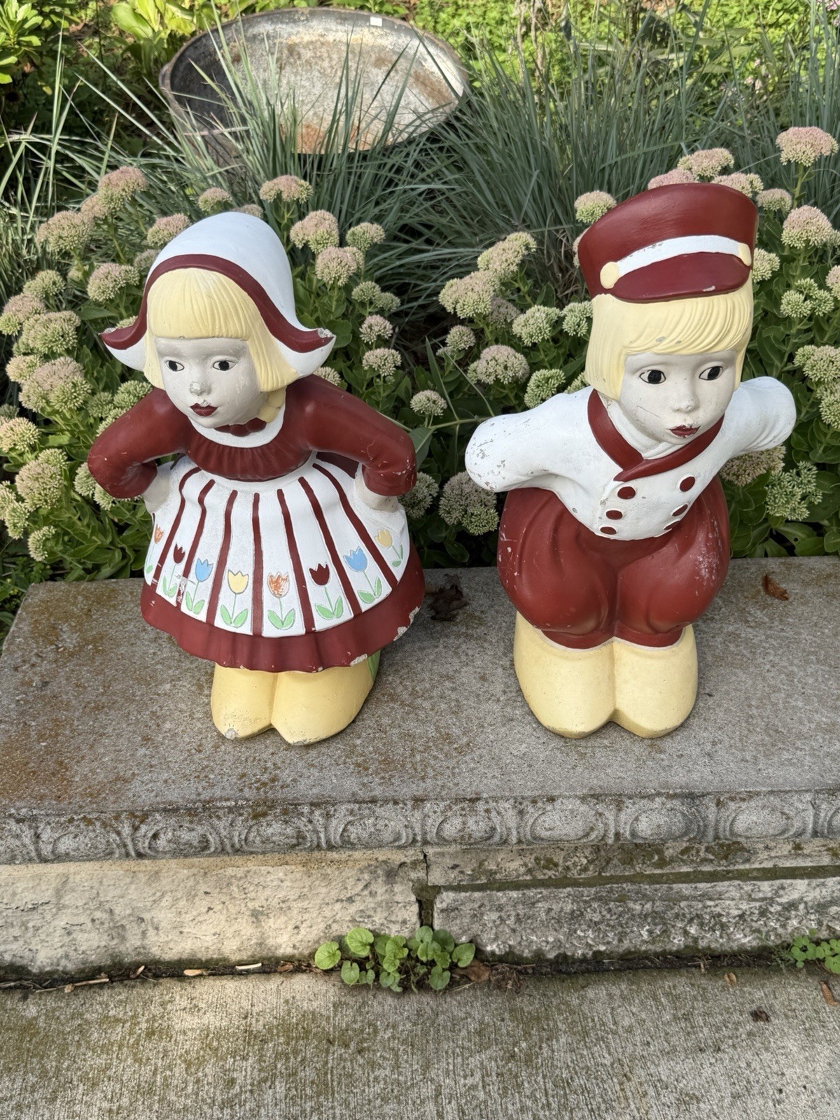 Vintage Concrete Dutch Kissing Boy & Girl Garden Statues.