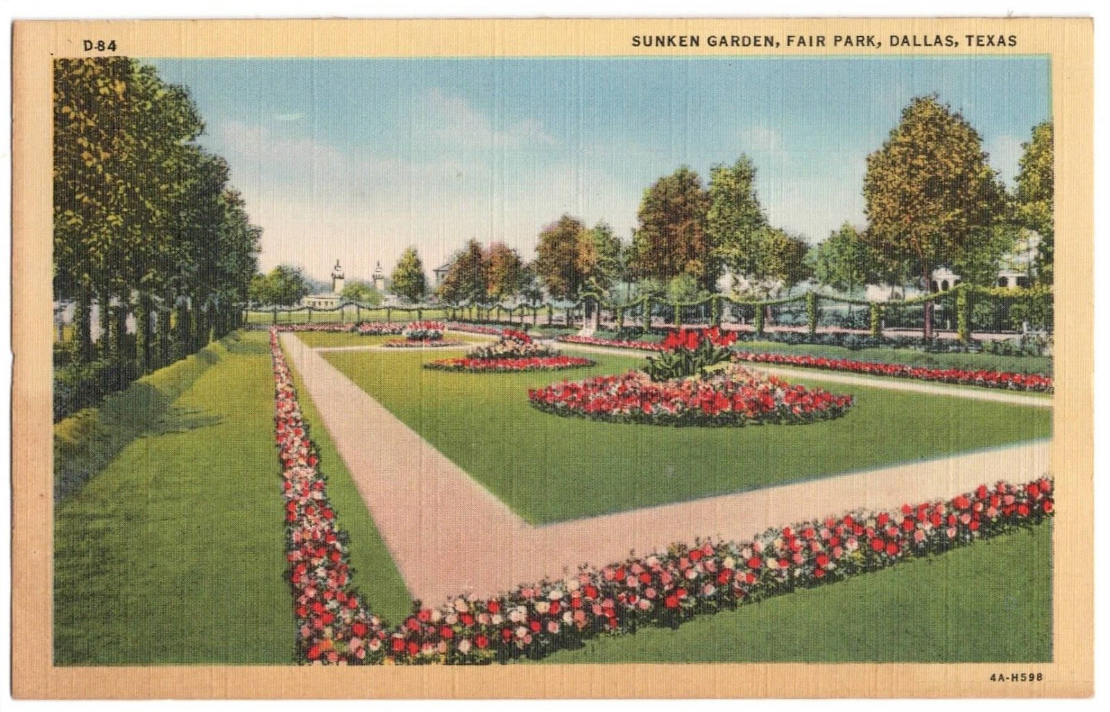 1940s Sunken Garden Postcard Fair Park, Flowers Postcard TX Curteich VTG