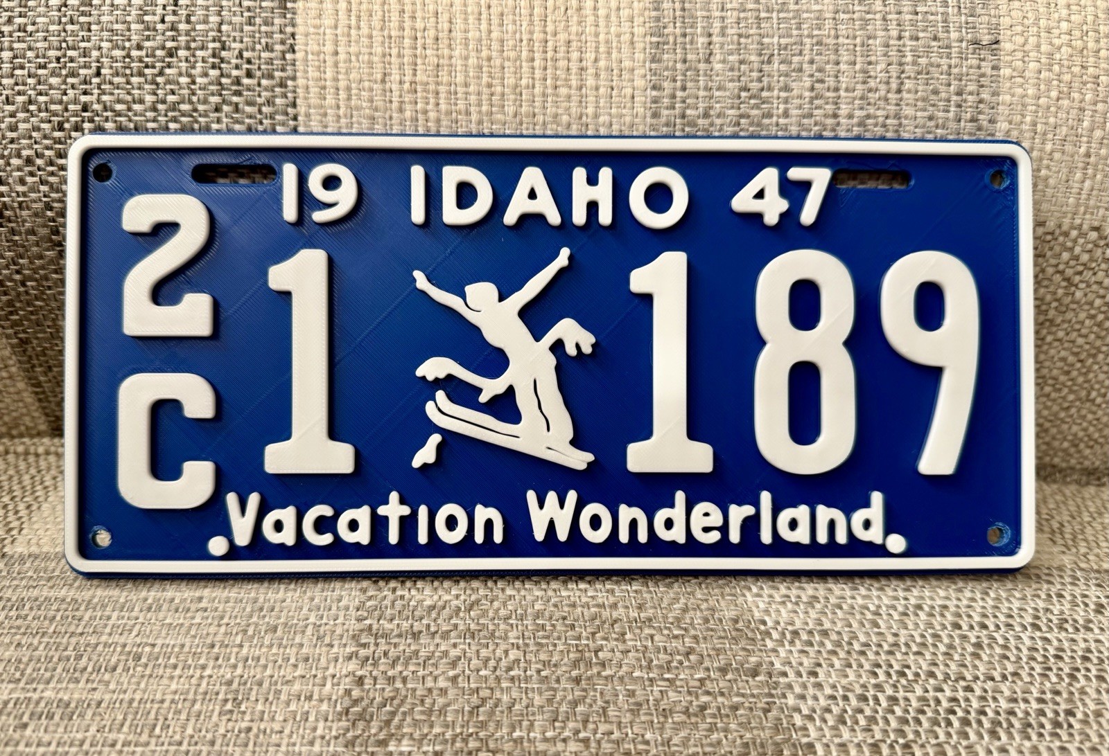 3d Printed 1947 Idaho Skier License Plate 9.5” By 4.5”  Office Decor Mancave