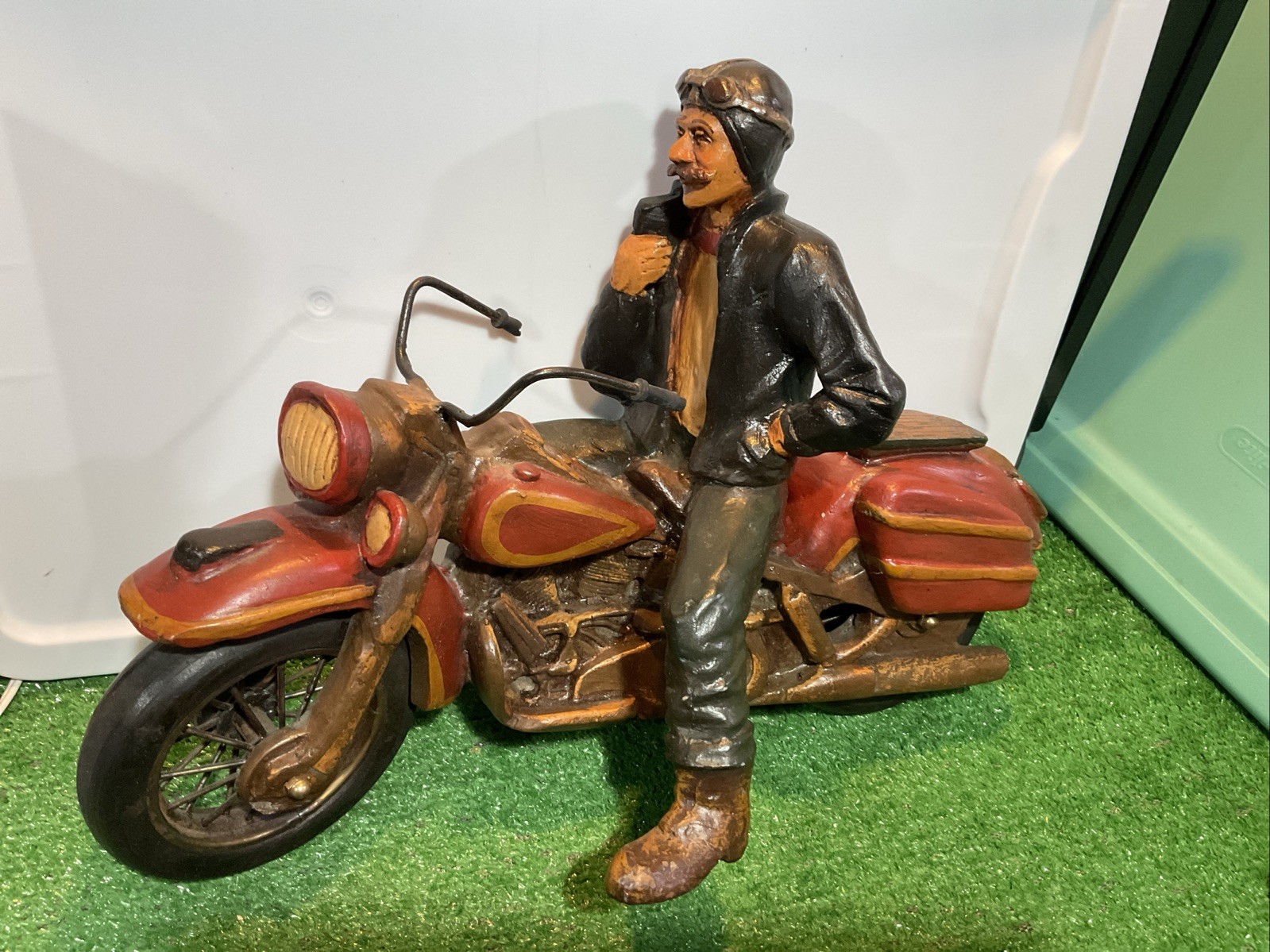 Vintage Resin Large Harley Davidson Style Motorcycle Sculpture W/ Rider See Pics