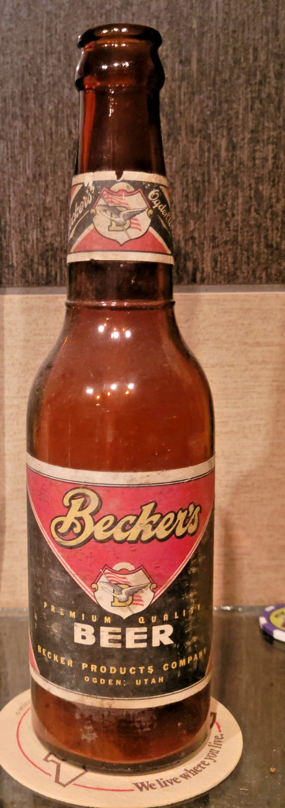 1940S BECKERS BEER BOTTLE WITH NECK LABEL IRTP BECKER PRODUCTS OGDEN UTAH