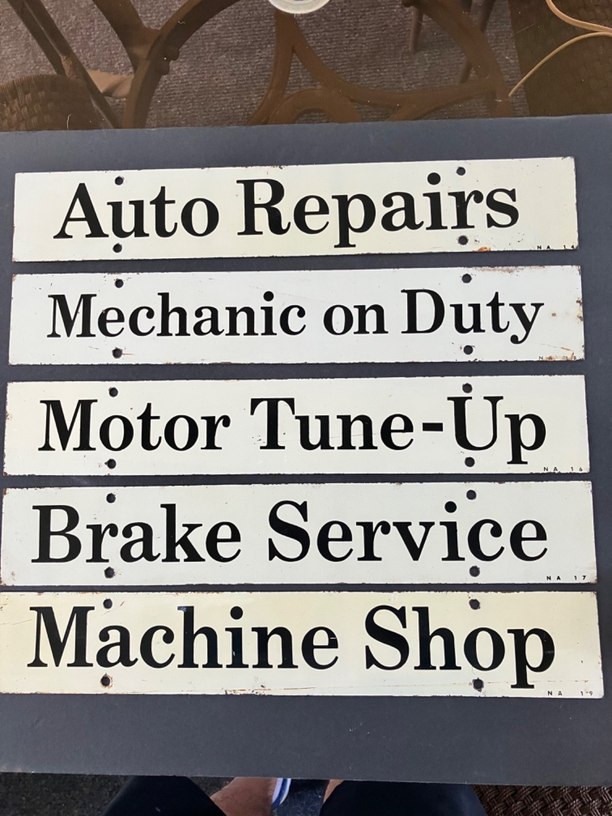 5 VINTAGE DOUBLE SIDED PAINTED STEEL GAS STATION SIGNS AUTO REPAIR MENU SET 1950