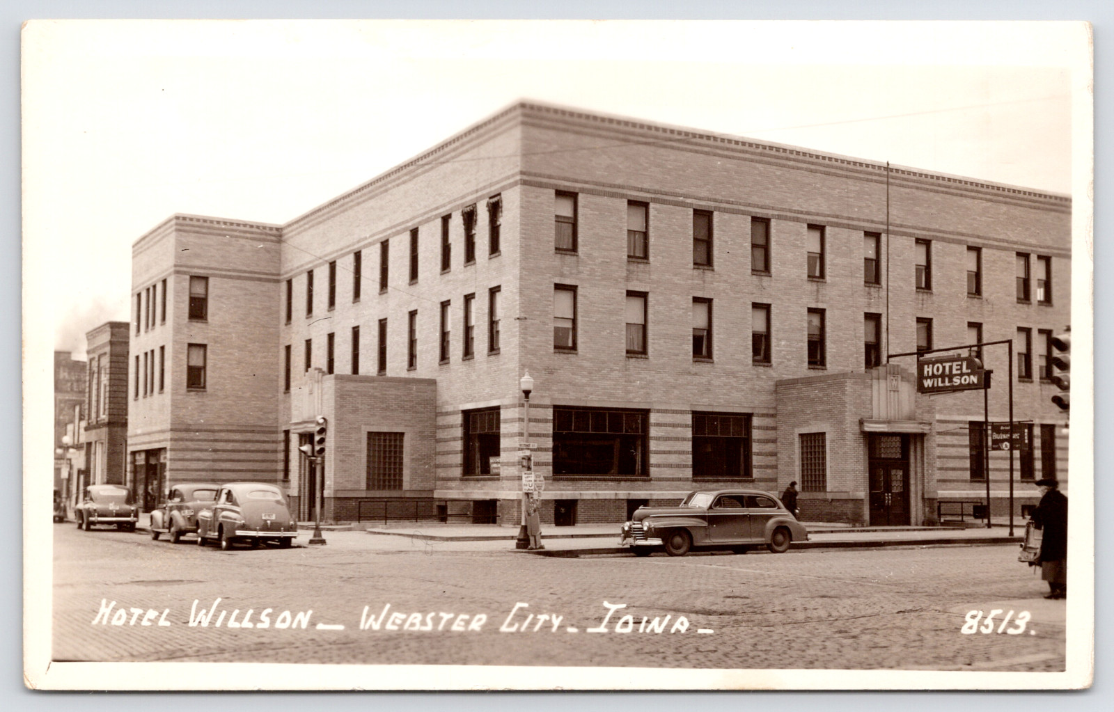 Webster City Art Deco Hotel Willson~Standee/Flatman Sign~1941 Olds Special RPPC